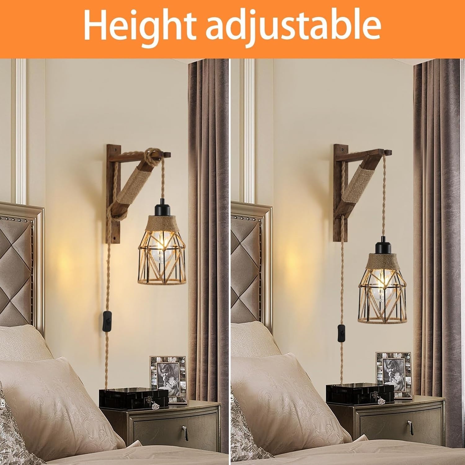 Rustic Farmhouse Plug-in Wall Sconces with Metal Cage & Wooden Bracket