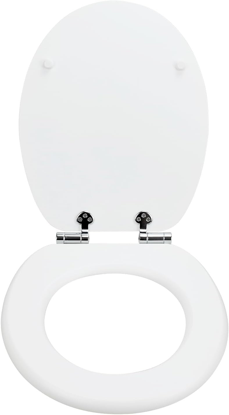White Wooden Toilet Seat MDF Soft Close Adjustable Hinges 43.5x37.5cm