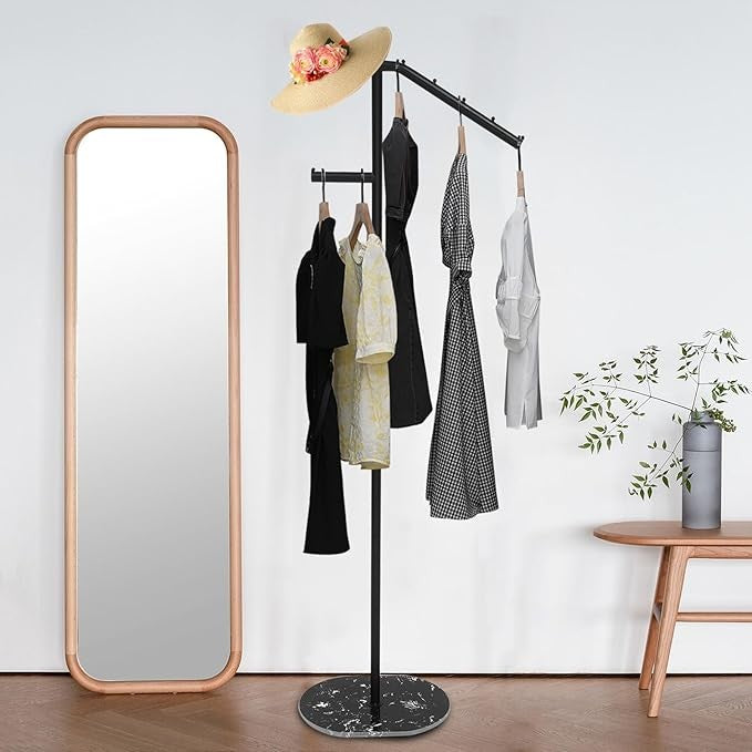 Black Marble Base L-Shaped Coat Rack 170cm Metal Clothes Organizer Stand