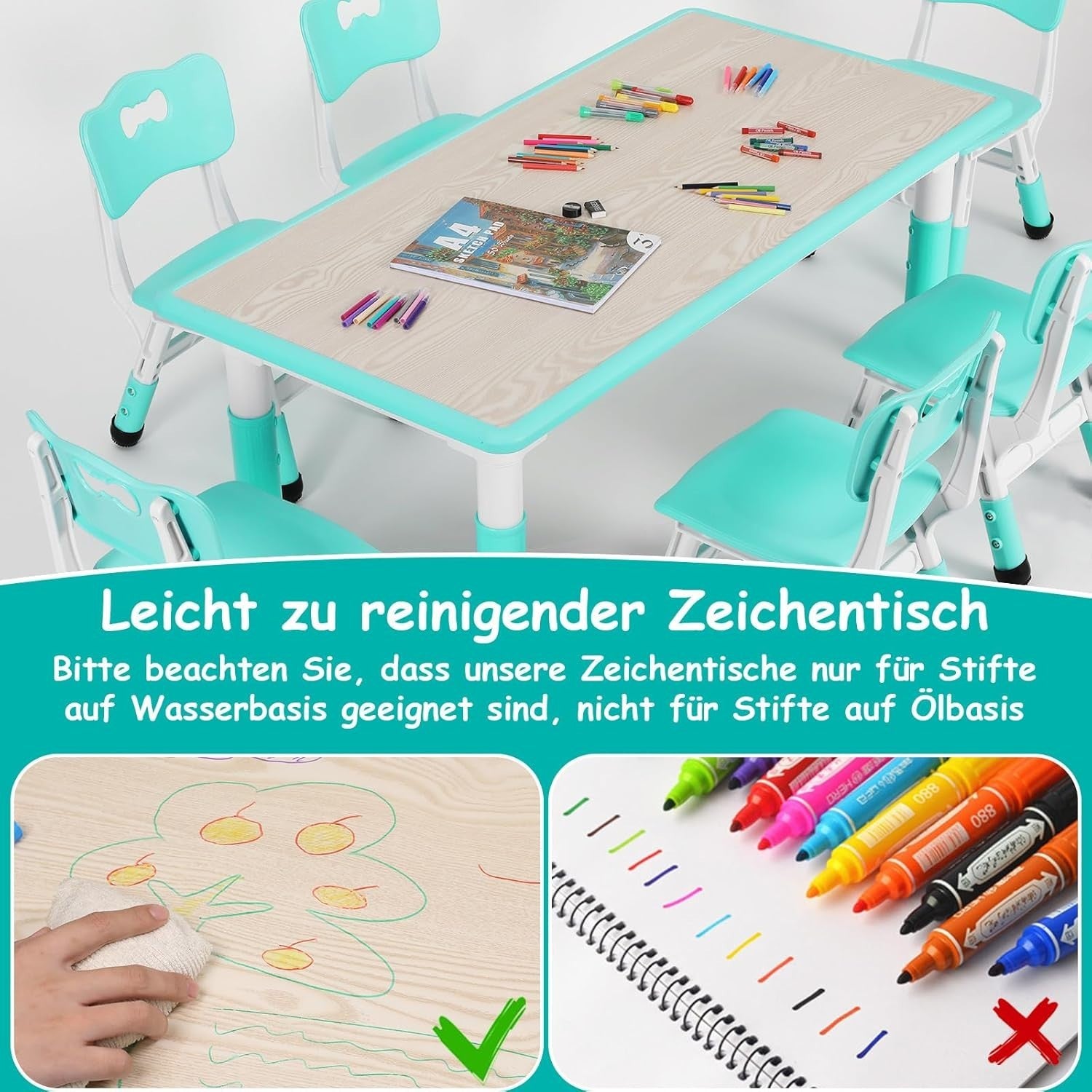 Adjustable Kids Table & 6 Chairs Set Durable Plastic Furniture Mint Green