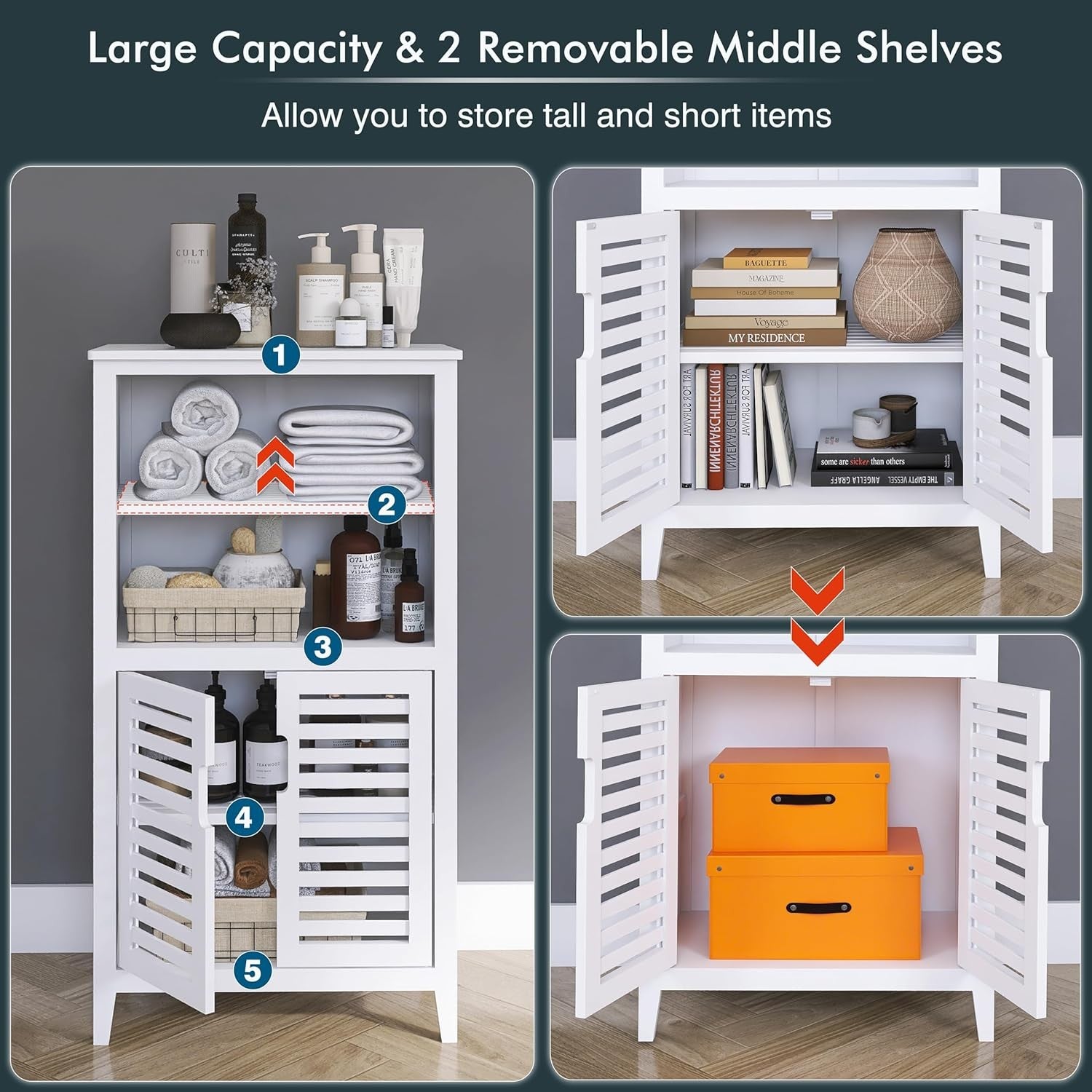 White Bamboo Storage Cabinet with Shutter Doors Adjustable Shelves
