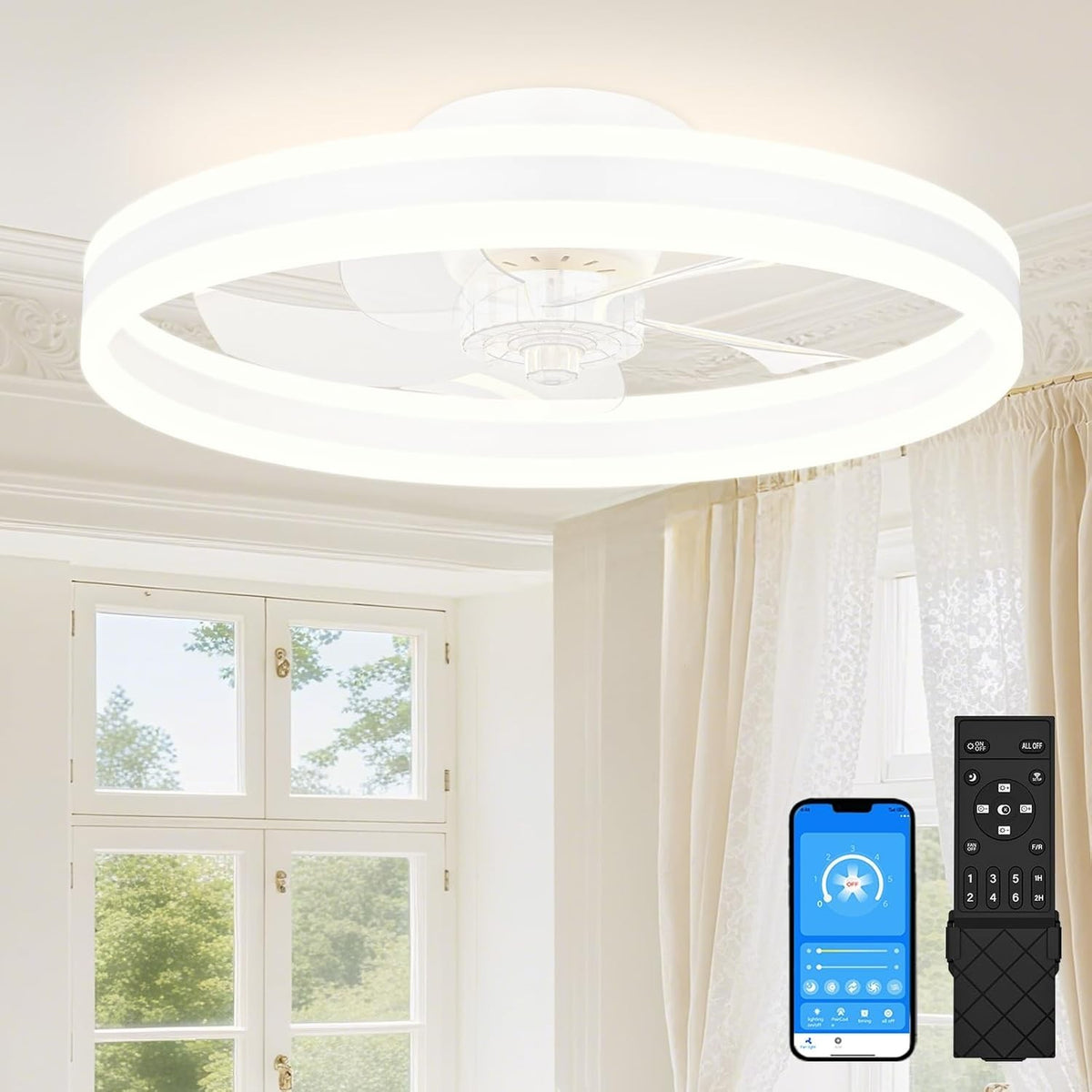 50cm Ceiling Fan Light, 6 Speeds, Dimmable Smart LED, Reversible, White