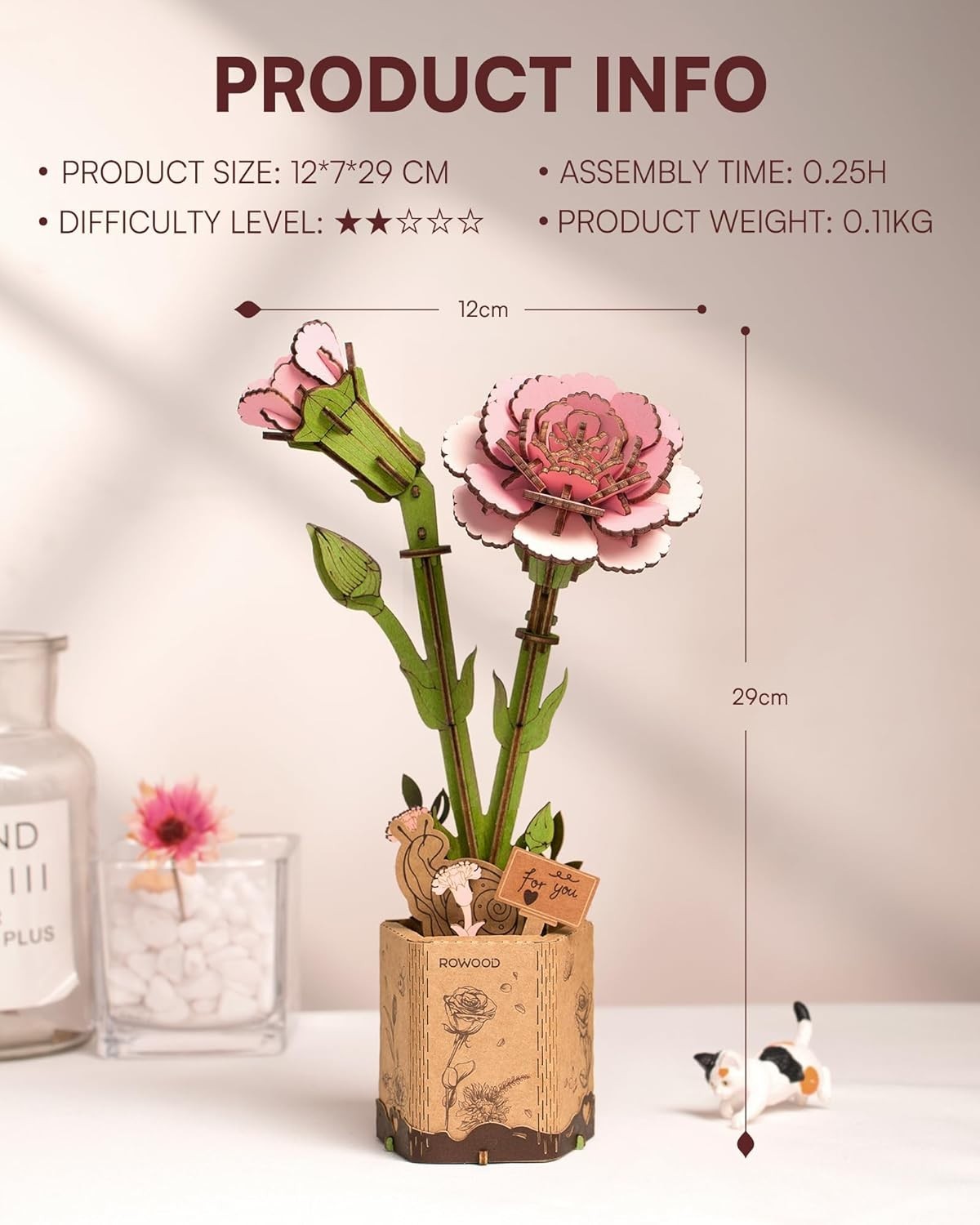 DIY 3D Wooden Pink Carnation Flower Puzzle Kit – Creative Gift & Decor