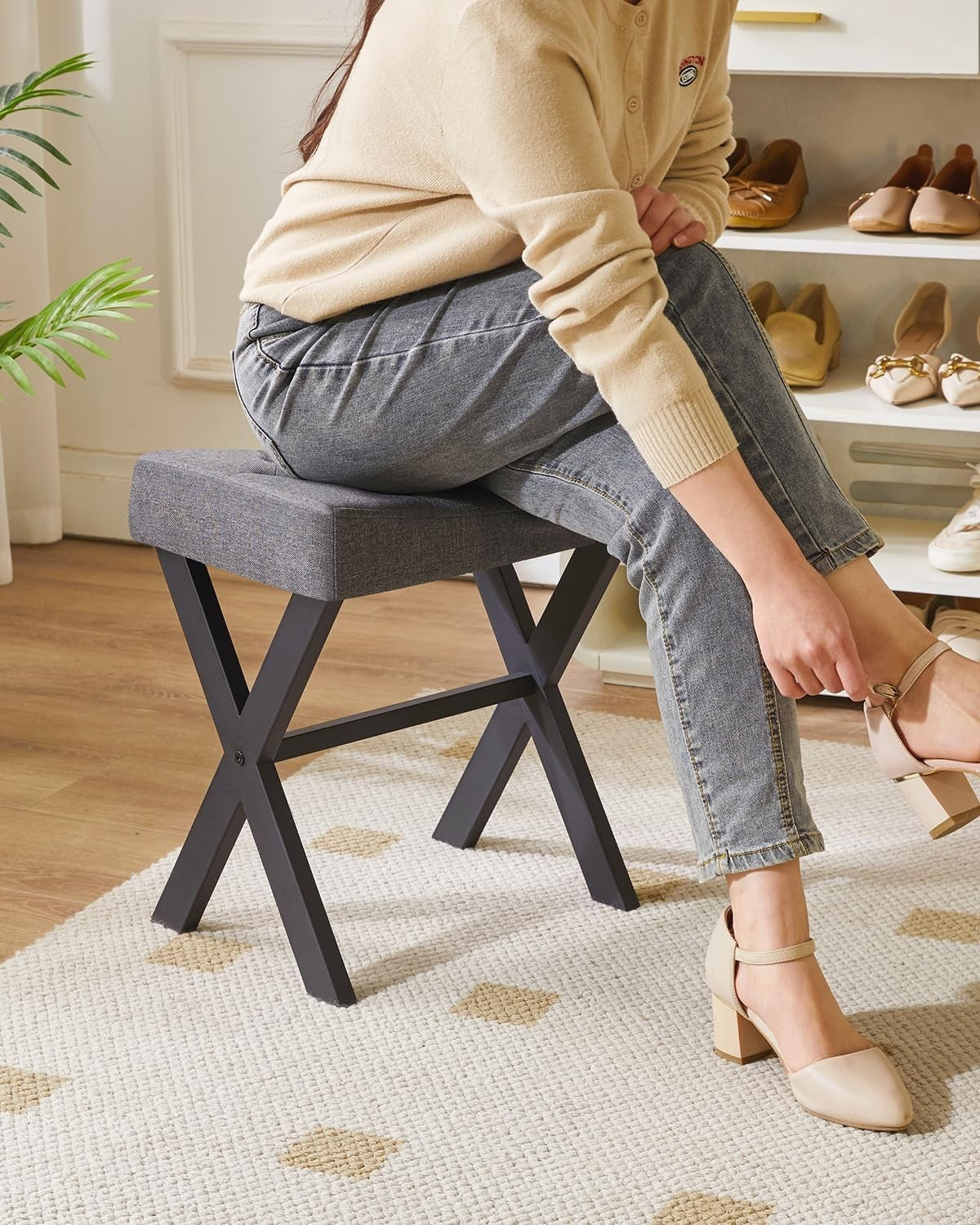 Dark Gray U-Shaped Vanity Stool with X-Leg – Linen Makeup Ottoman Seat