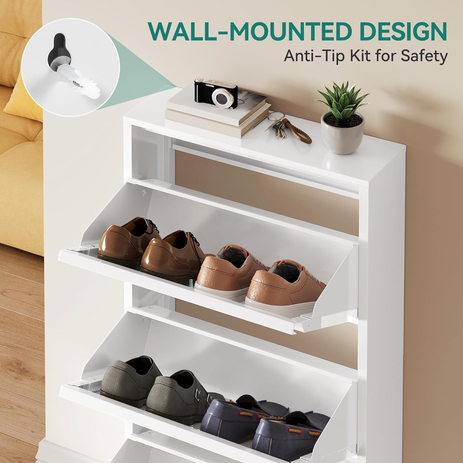 Slim Metal Shoe Cabinet 2-Pack with 3 Flip Drawers & Anti-Tip Wall Mount