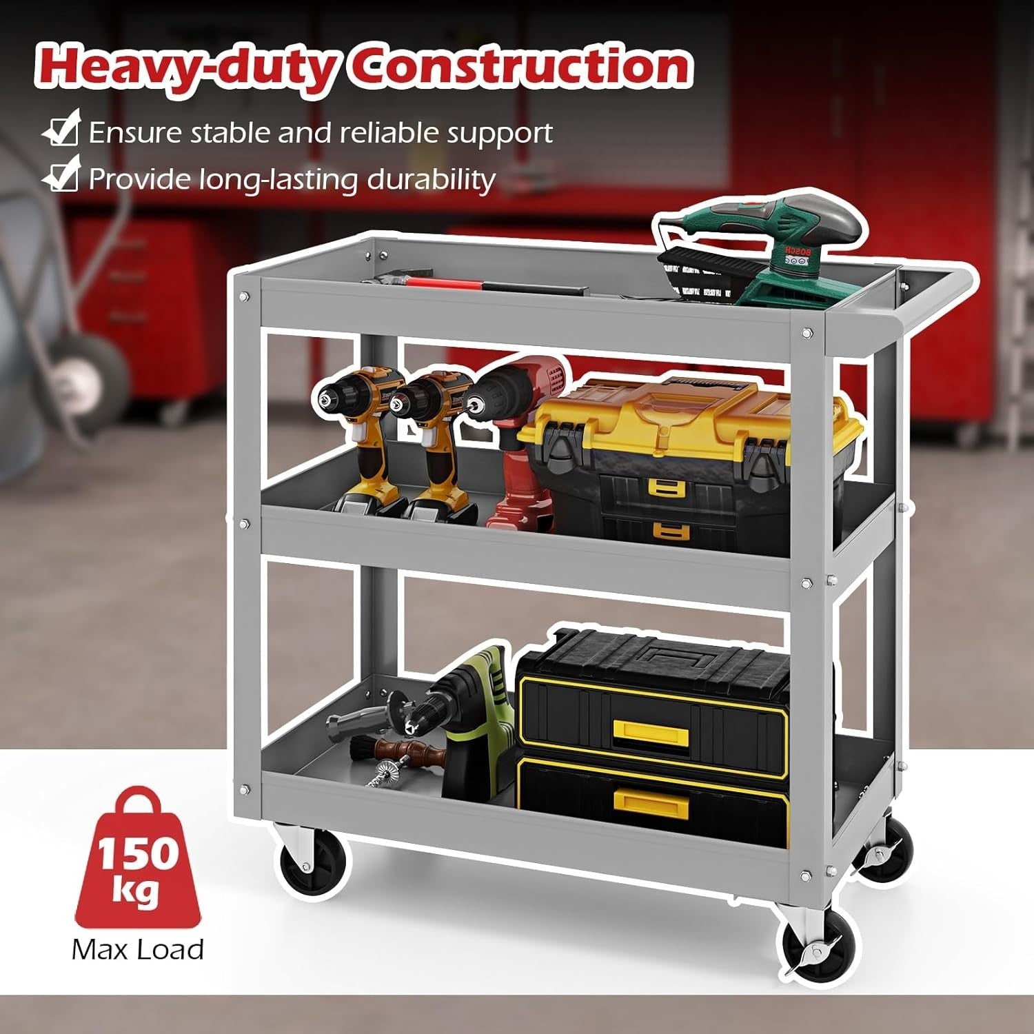 Heavy Duty Grey 3-Tier Rolling Utility Cart w/ Lockable Wheels 38x79x76cm