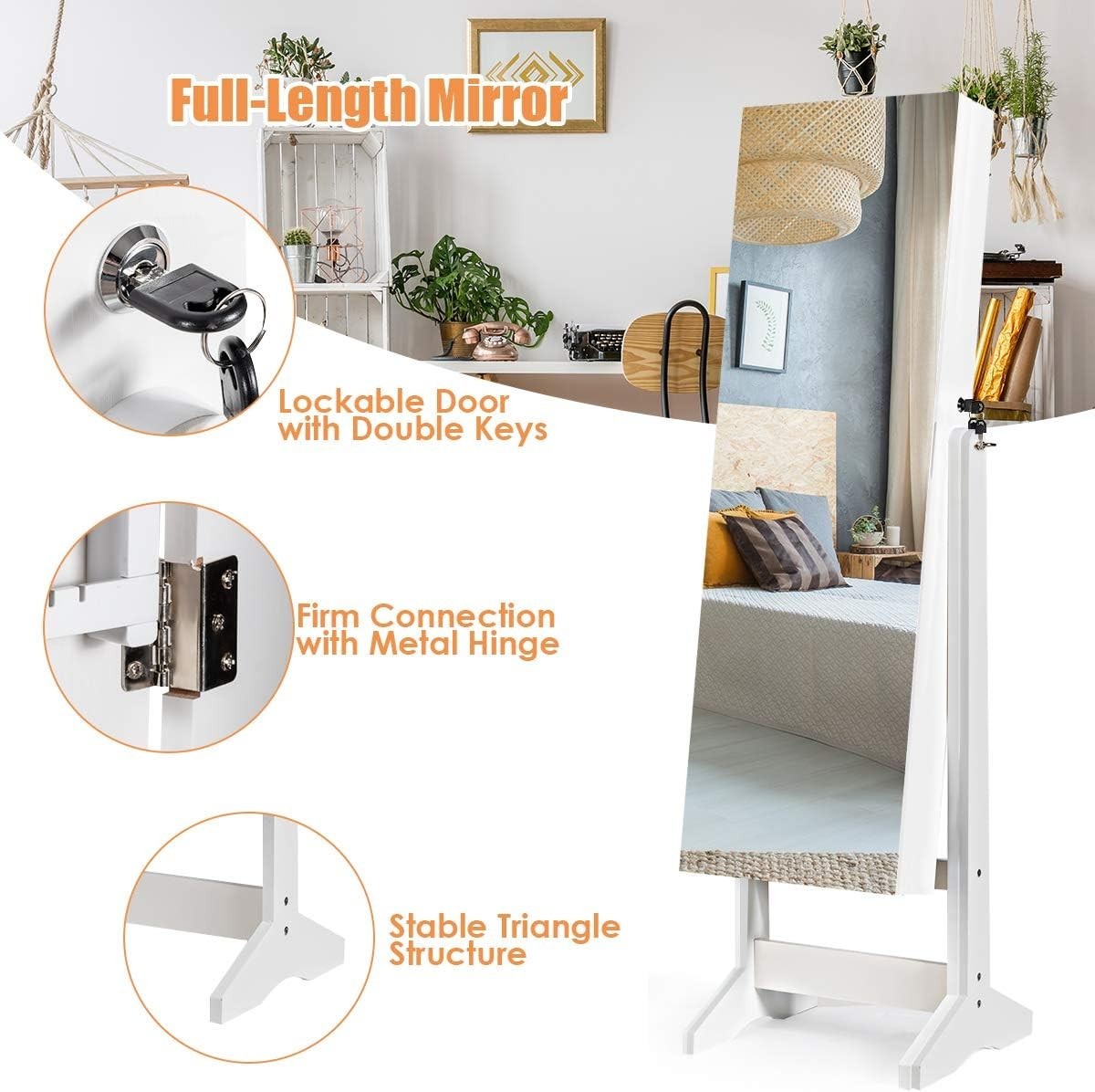 White Lockable Jewellery Cabinet Full Length Mirror Adjustable Storage