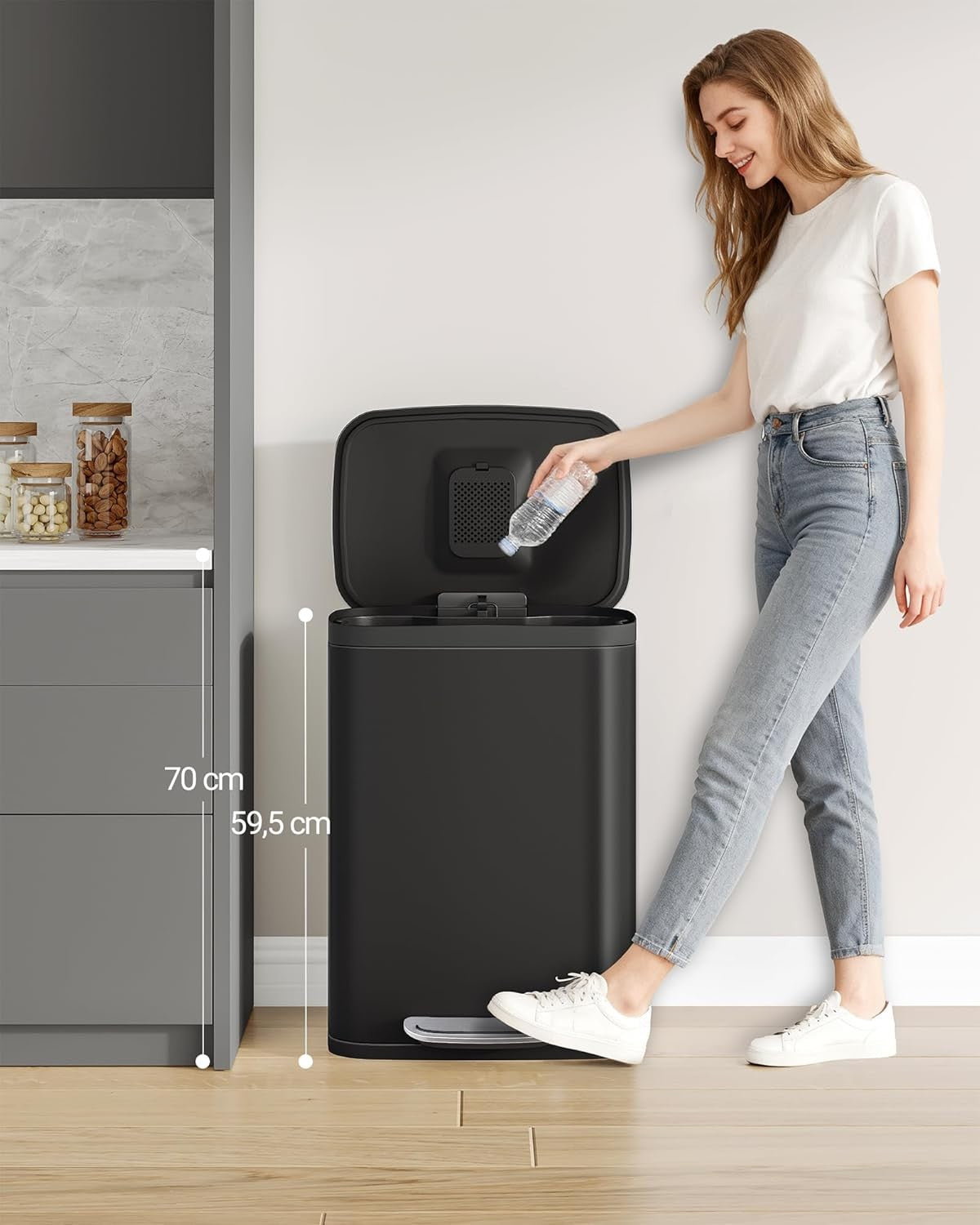 50L Stainless Steel Kitchen Bin Soft Close Pedal Black