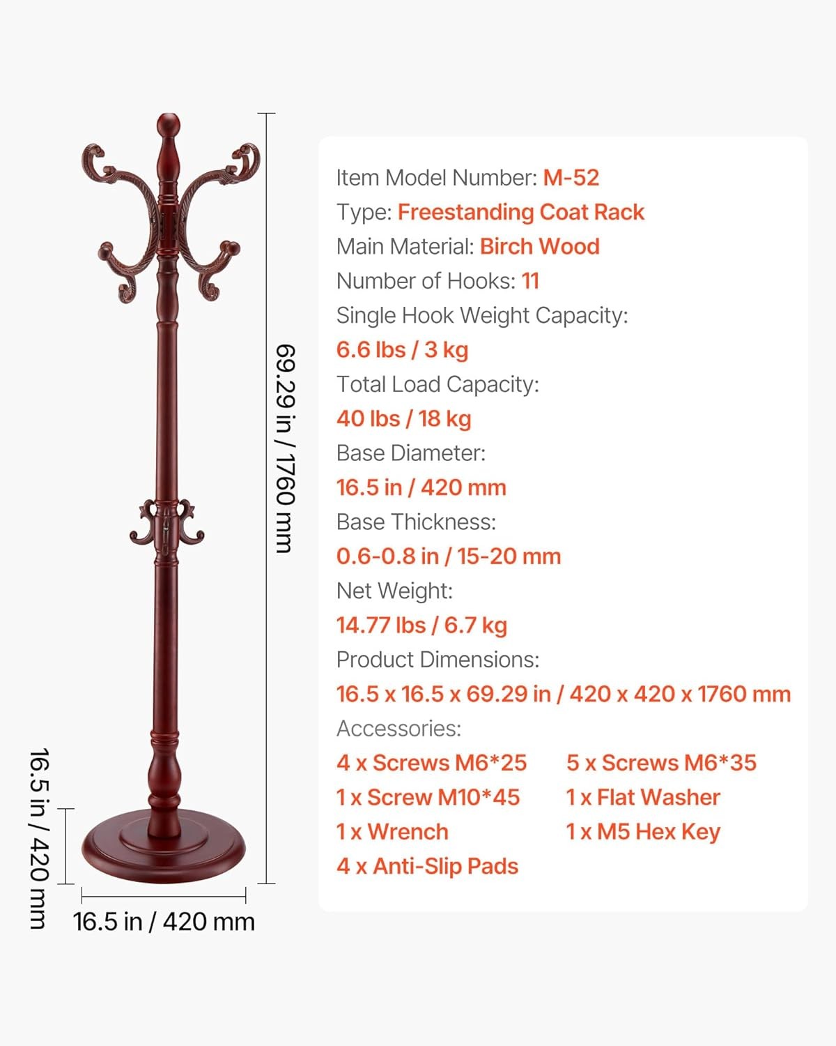 Freestanding Wooden Coat Rack Stand 11 Hooks Weighted Base Hall Tree
