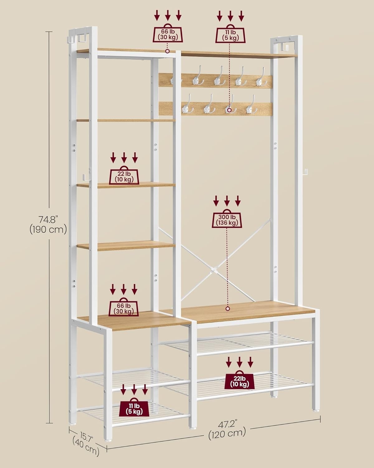 Hall Tree Coat Rack with Bench, Shoe Storage & Shelves | 120x40x190cm