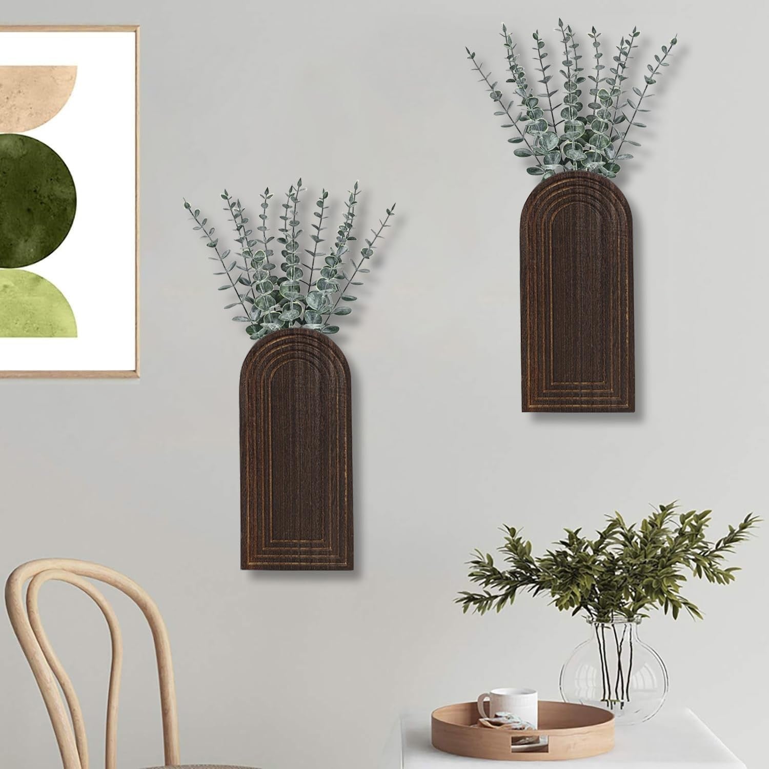 Wooden Wall Vase Set of 2 Dark Brown Farmhouse Entryway Hanging Decor