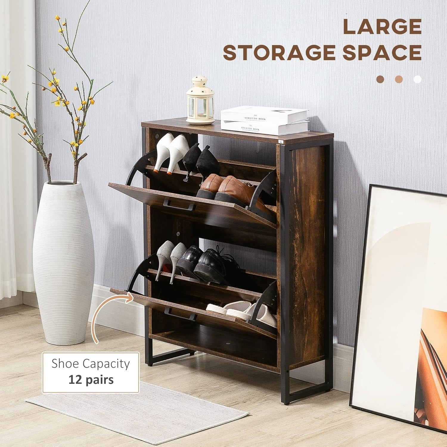 Slim Industrial Shoe Cabinet 2 Flip Drawers Hallway Storage 64x23.5x85cm