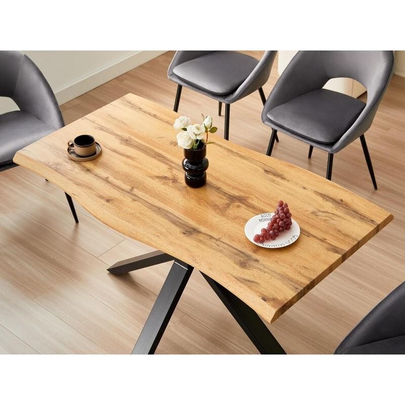 Wood Dining Table Set with 4 Grey Velvet Chairs X Iron Legs Modern 140cm