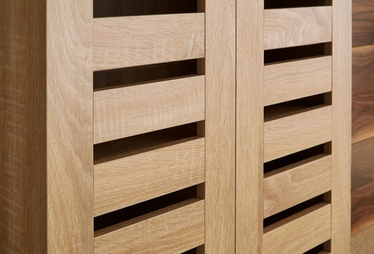 Oak Effect Wooden Shoe Cabinet with Slatted Doors, 2 Door Storage Cupboard