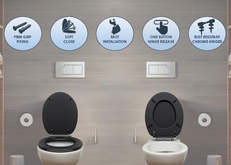 Black Soft Touch Toilet Seat Soft Close Click & Clean One Button Release 41x35cm
