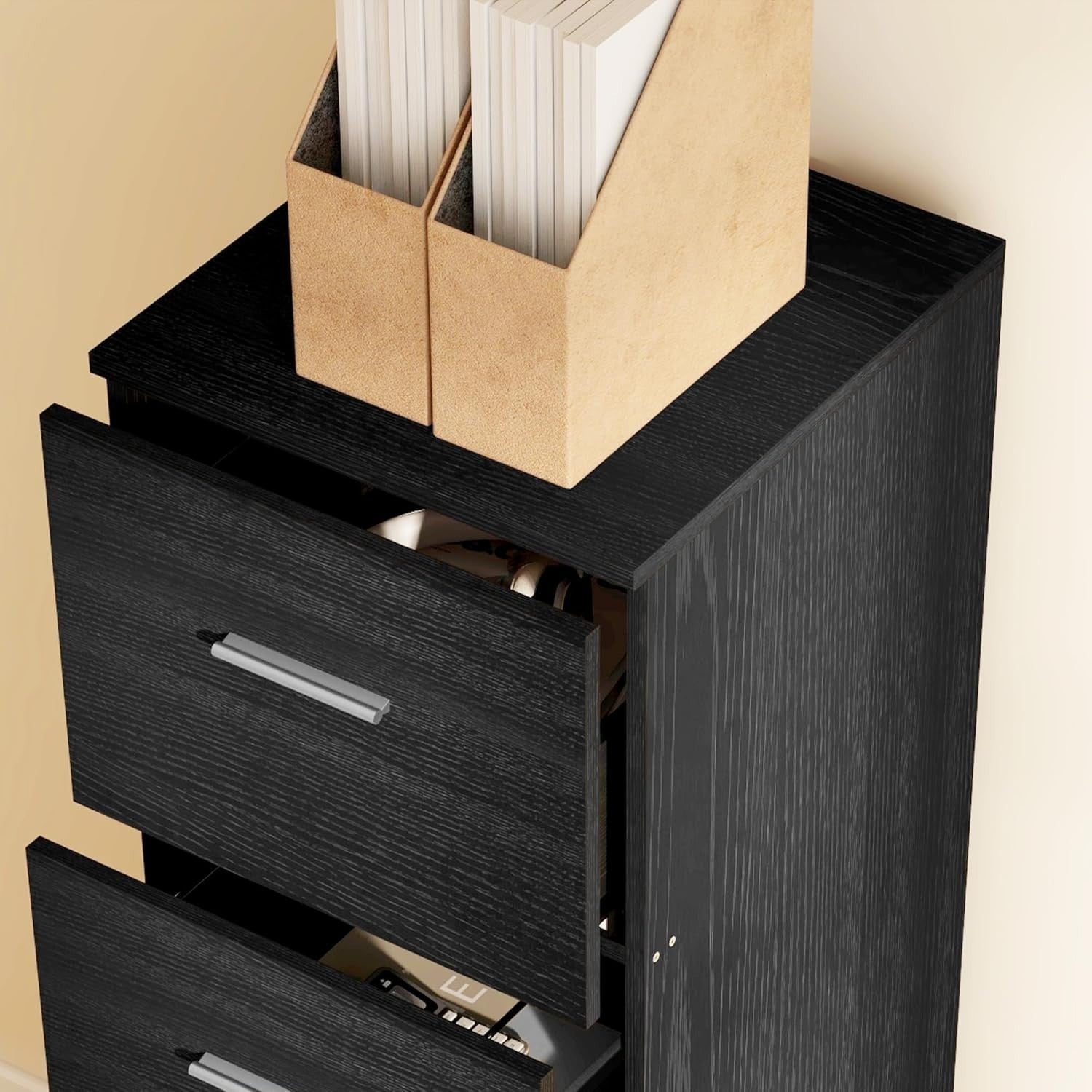 4 Drawer Vertical Filing Cabinet with Lock Office Storage Wood Effect Black