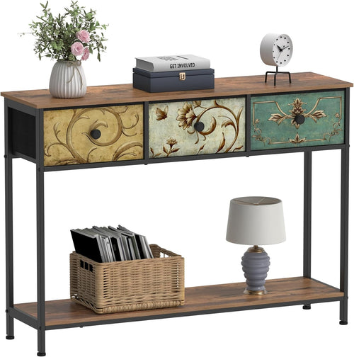 Slim Hallway Console Table with Drawers & Shelf – Rustic Wood Metal Frame