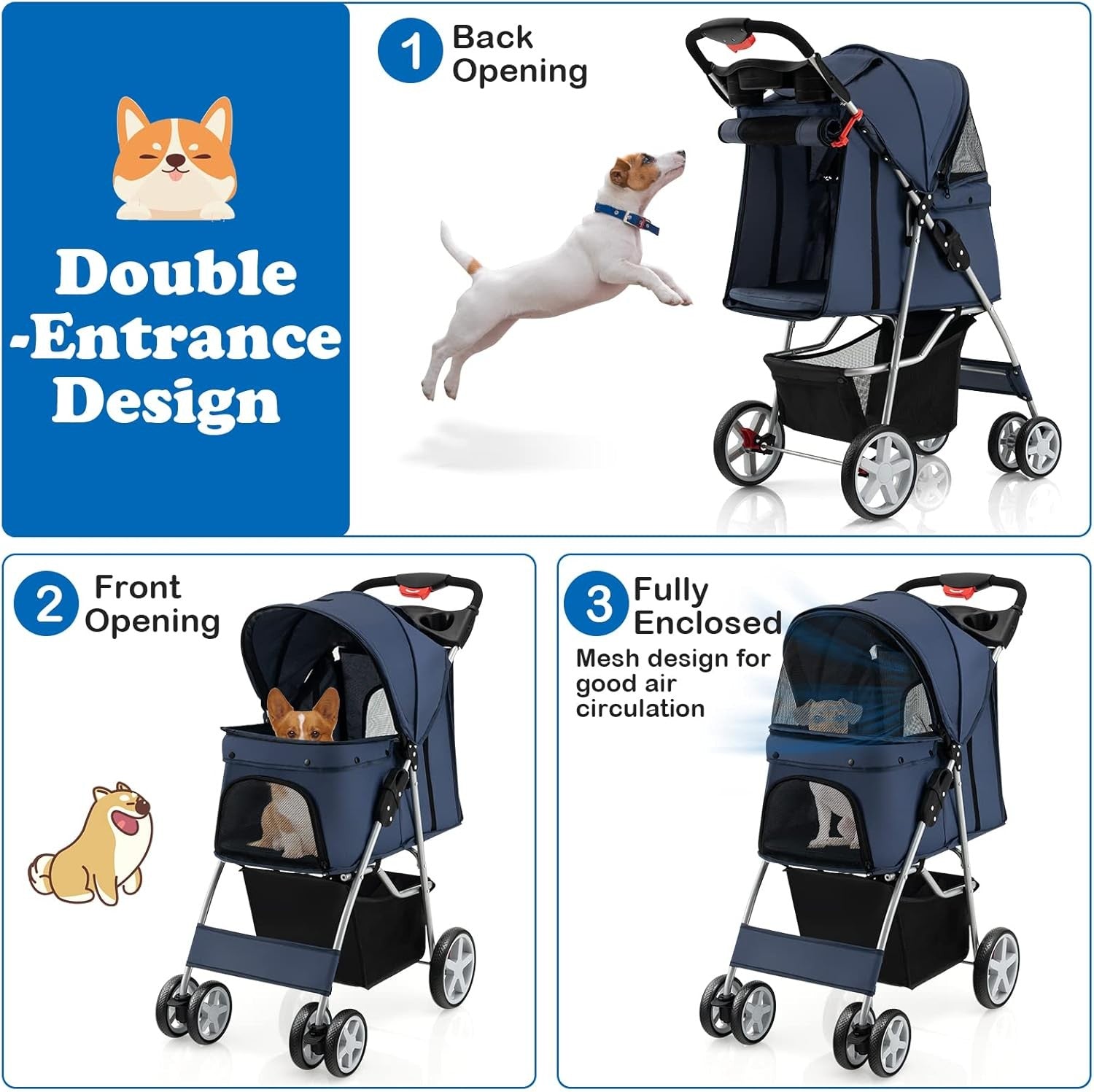 Foldable Pet Stroller 4 Wheel Lockable Travel Pushchair Safety Belt