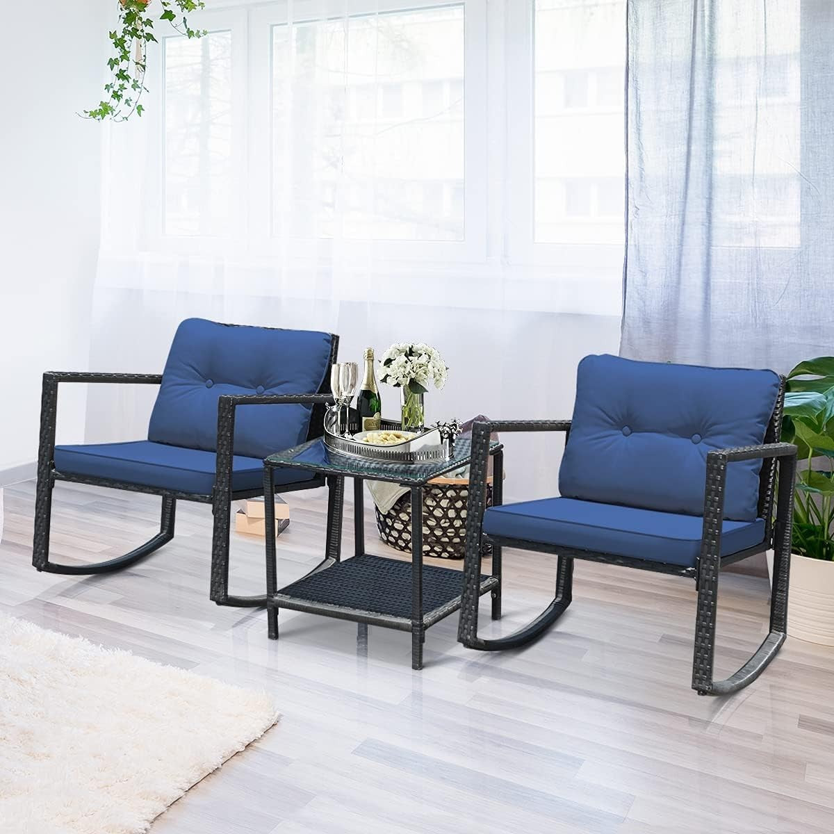 Rocking Rattan Bistro Set 3PC Patio Chairs with Two Tier Glass Table Cushions
