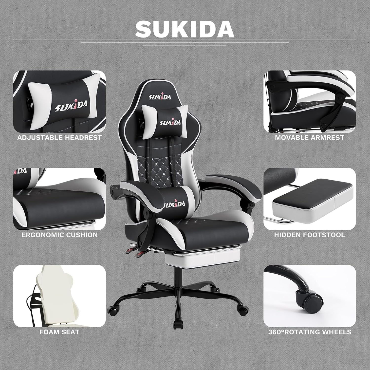 Ergonomic Gaming Chair with Footrest & Massage Support – Black White PC Seat