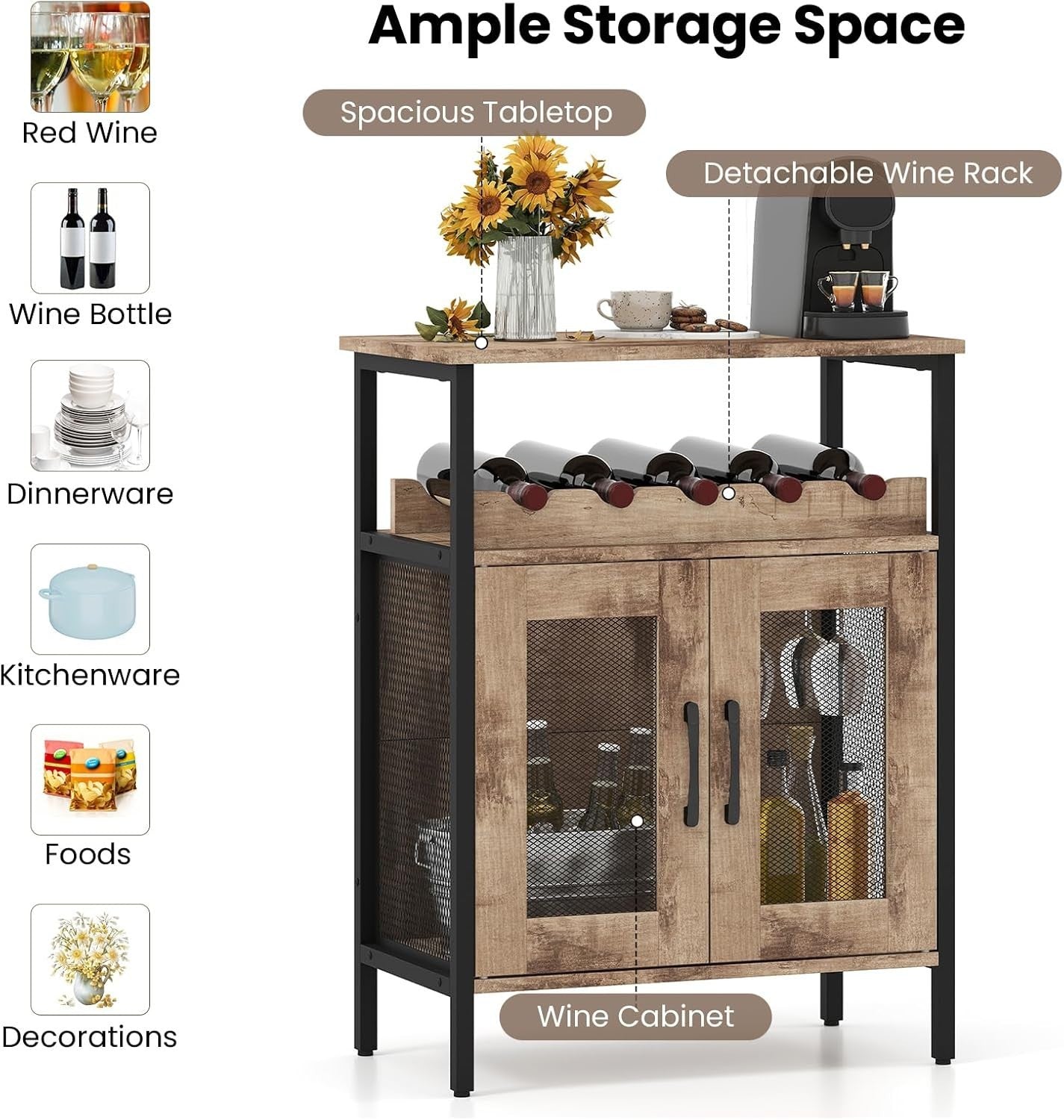 Industrial Wine Bar Cabinet with Wine Rack & Glass Holders Rustic Sideboard Grey