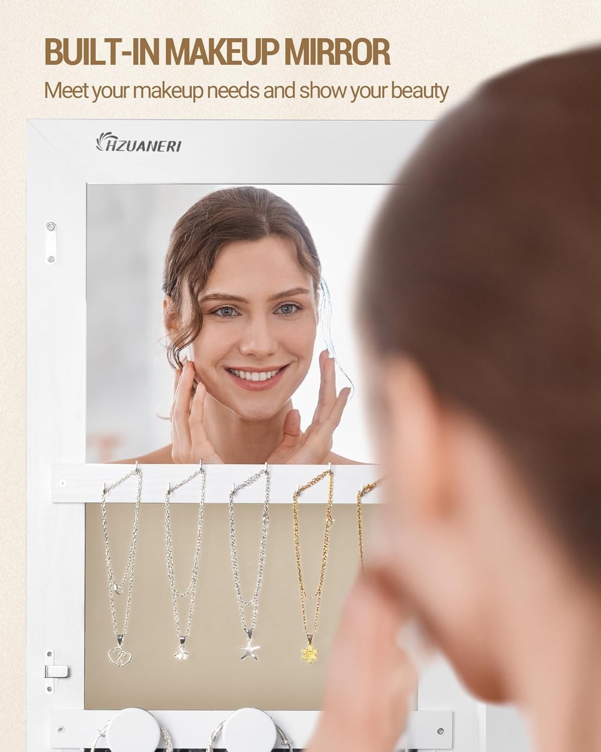White & Beige LED Jewelry Cabinet Mirror Lockable Rolling Storage Rack