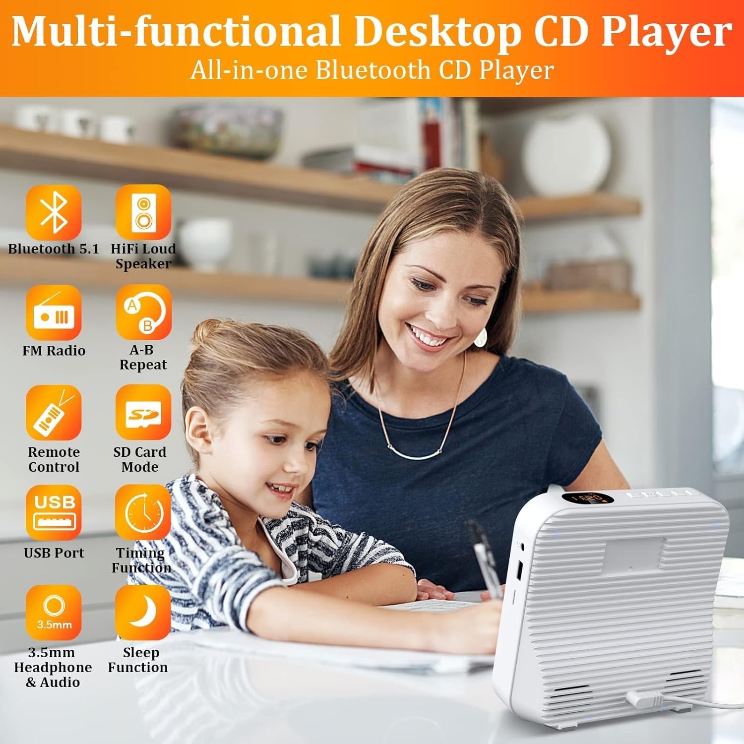 Desktop CD Player Bluetooth 5.1 FM Radio USB SD AUX Dual Speakers