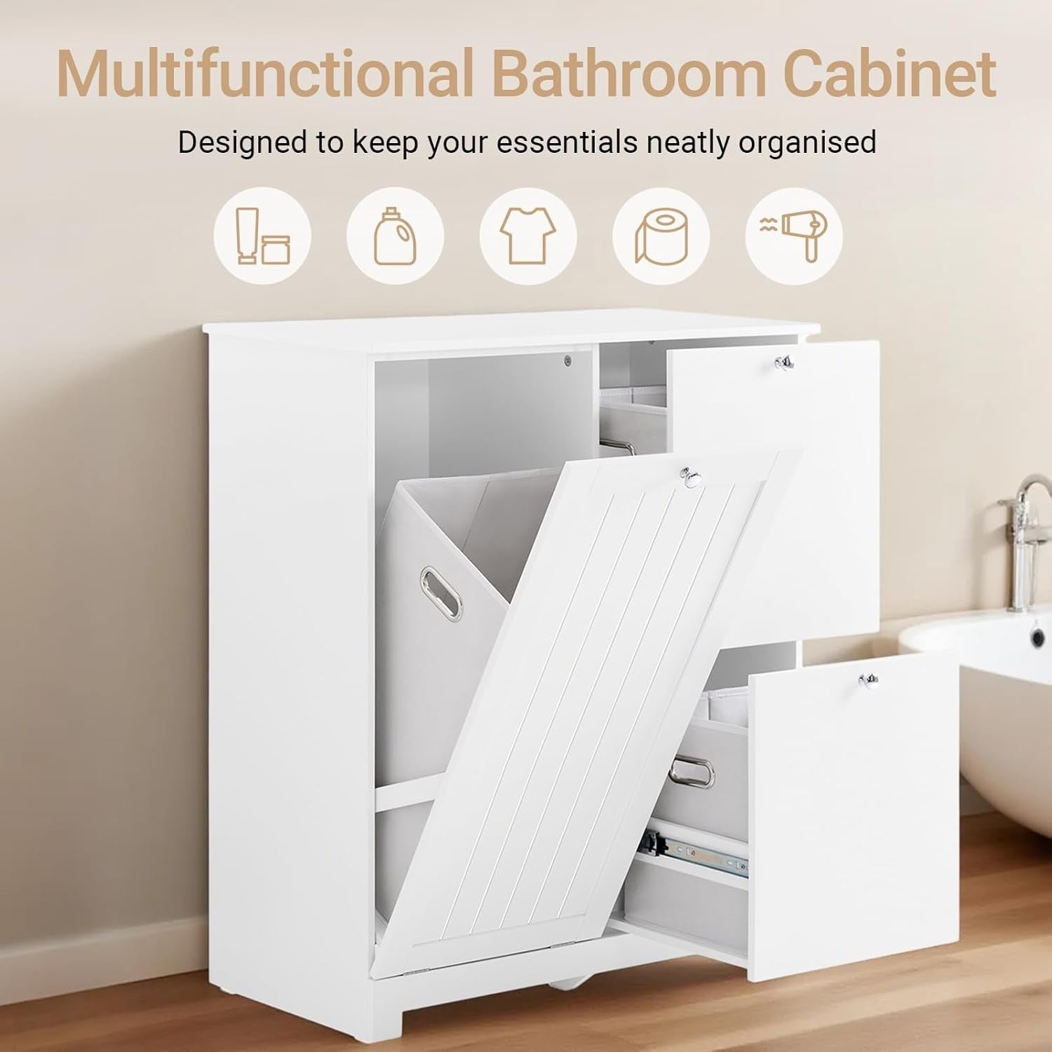 Slim Bathroom Laundry Cabinet with 3 Baskets Tall Storage Unit White