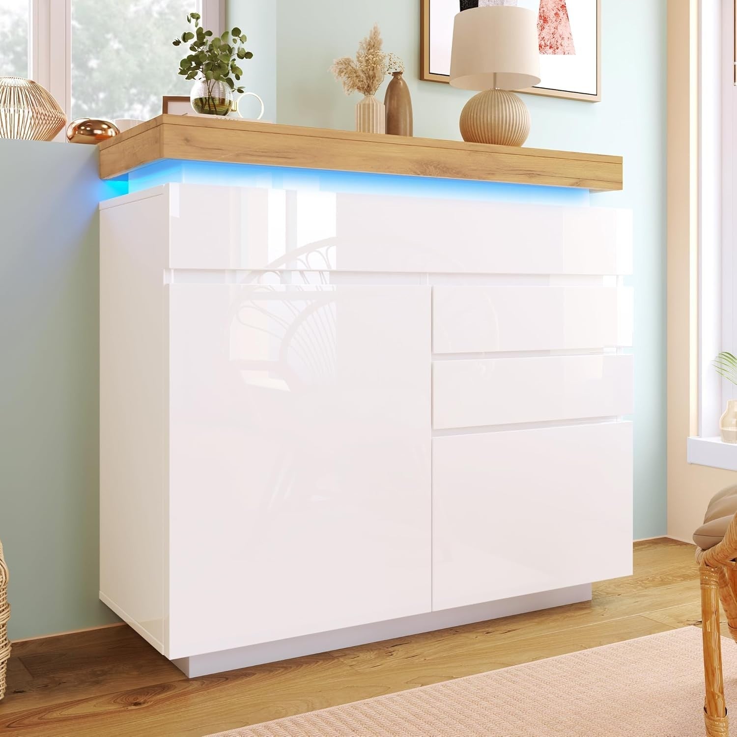Modern LED Sideboard Cabinet Gloss 3 Drawer 2 Door Storage Unit White