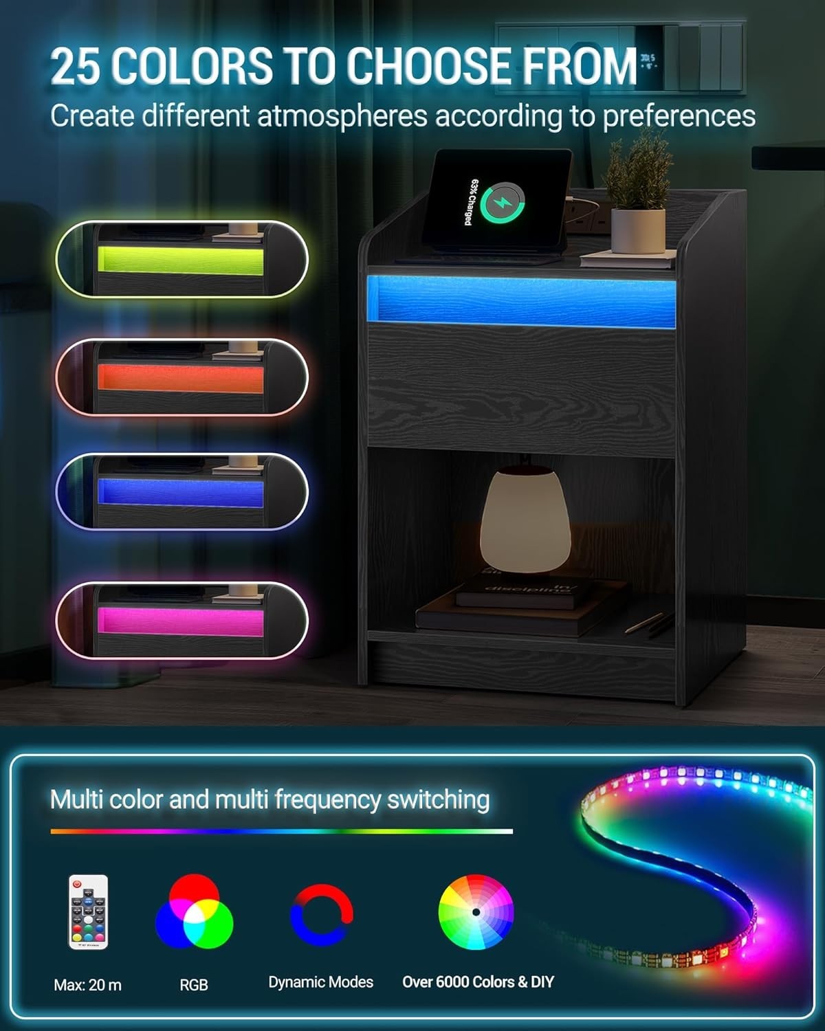 Set of 2 LED Bedside Tables with Charging Ports – Modern Nightstands with Drawer