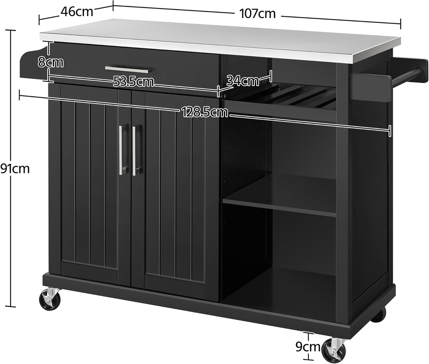 Kitchen Island Trolley on Wheels with Stainless Steel Top Drawer Wine Rack