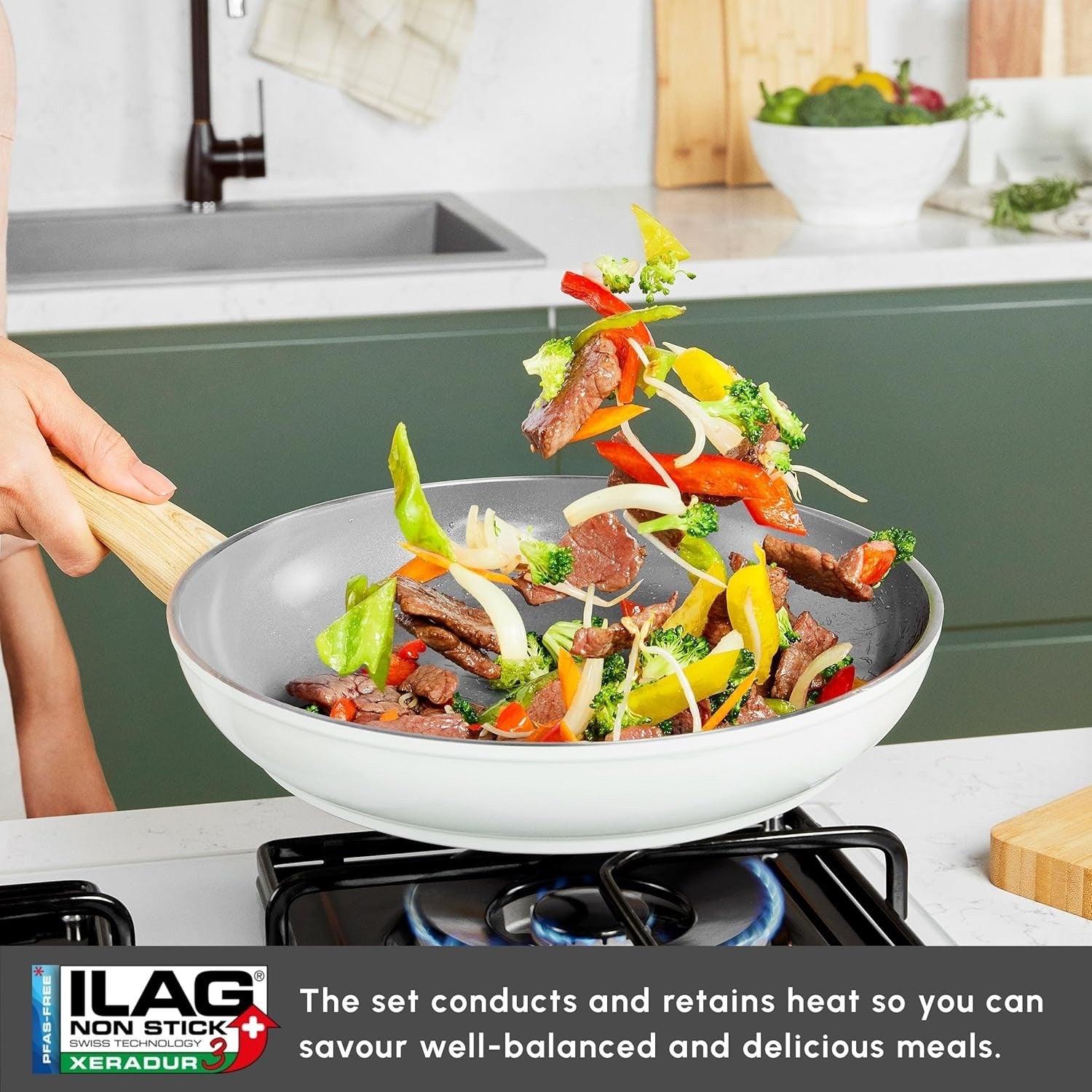15Pcs Cream Ceramic Non-Stick Cookware Set with Lids & Utensils, PFAS-Free