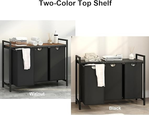 3 Section Laundry Hamper with Removable Bags & Shelf, Black Walnut Organiser