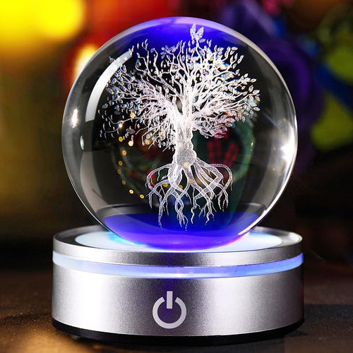 3D Tree of Life Crystal Ball LED Light • Engraved Glass Sphere Ornament
