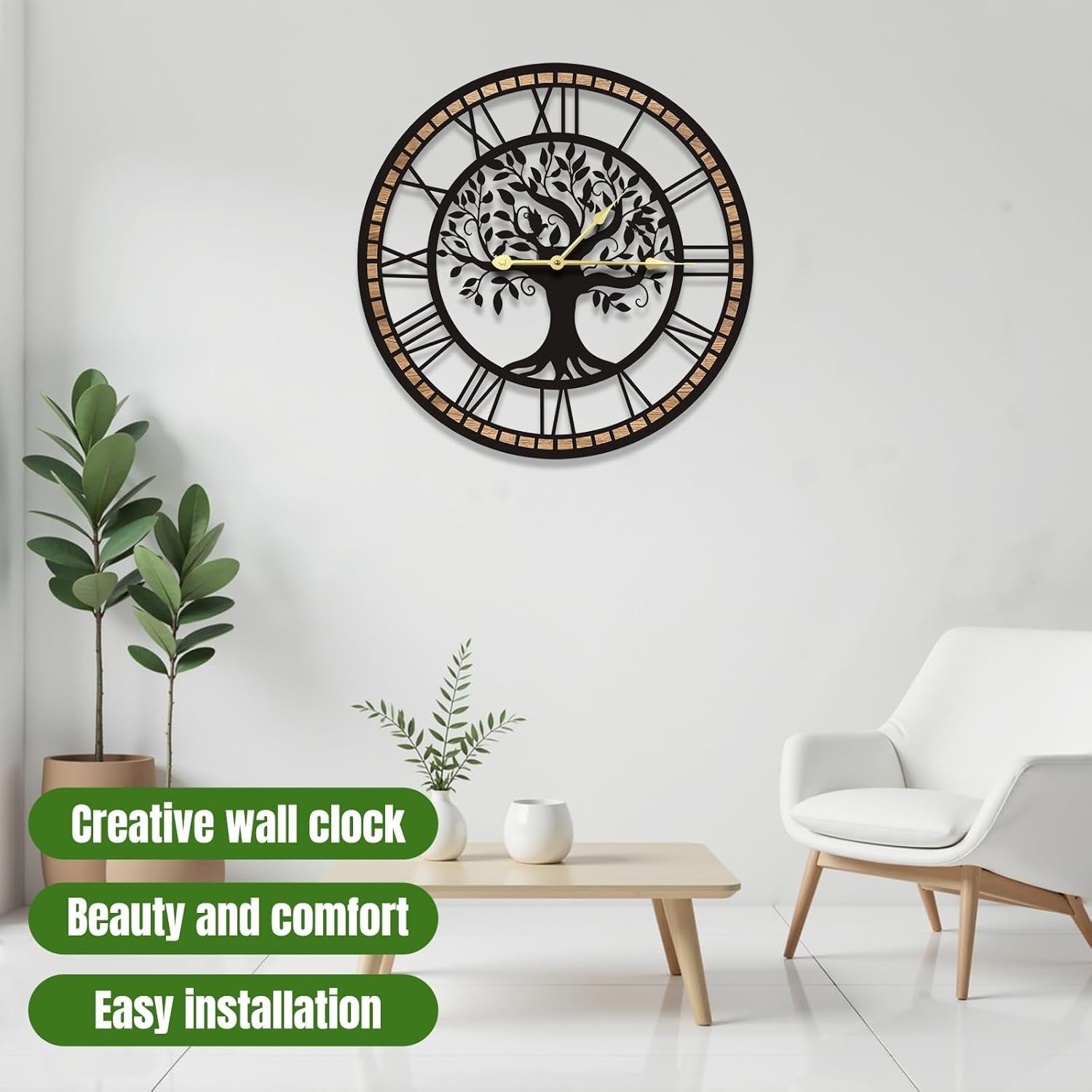 Large Tree of Life Wall Clock 24in – Silent Modern Metal Decor for Living Room