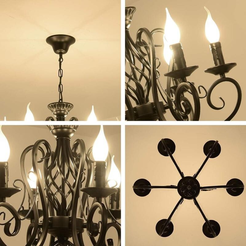 6-Light Black Candle Chandelier E14 Vintage Pendant Rustic Iron Ceiling Light