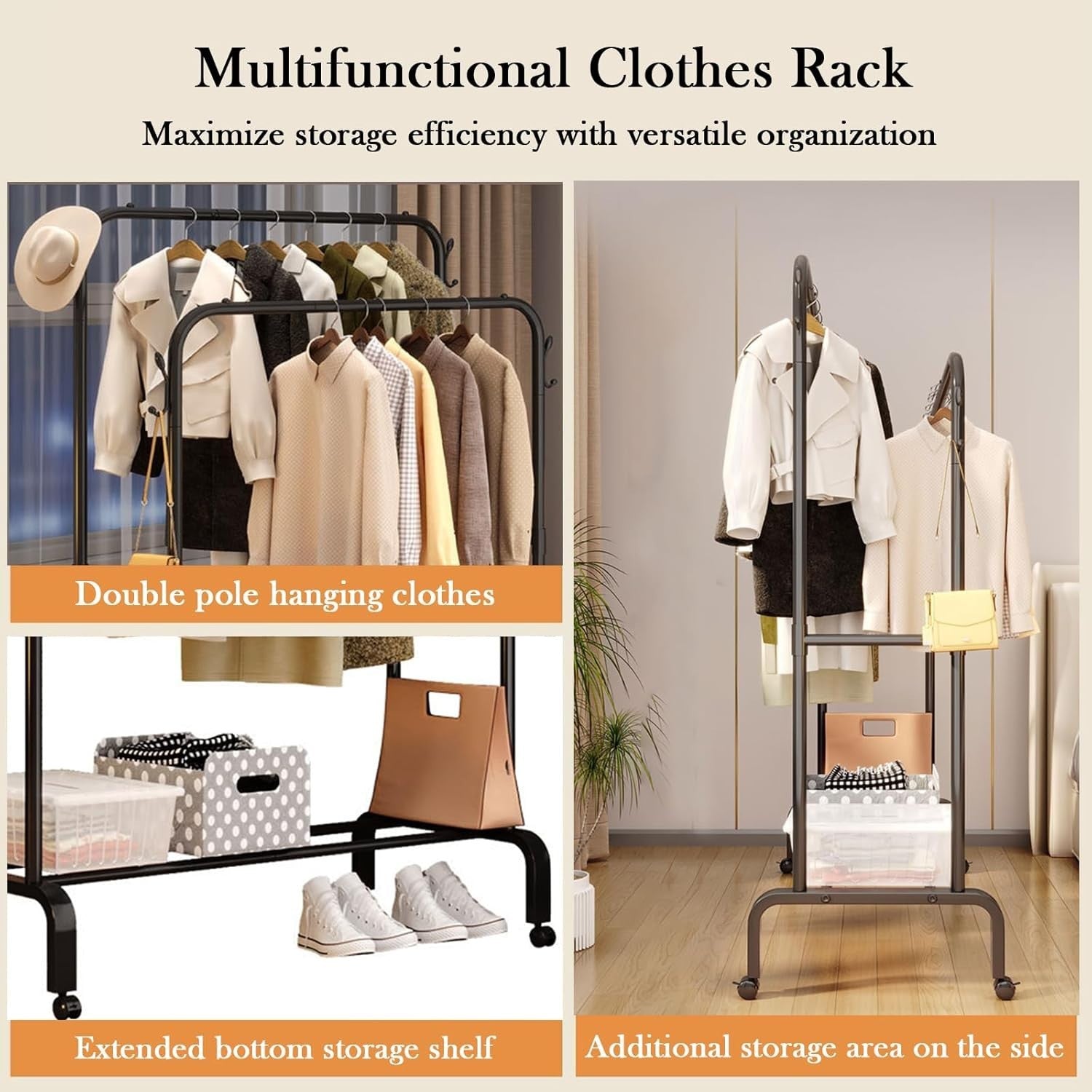 Heavy Duty Double Clothes Rail with Shelf & Wheels – White