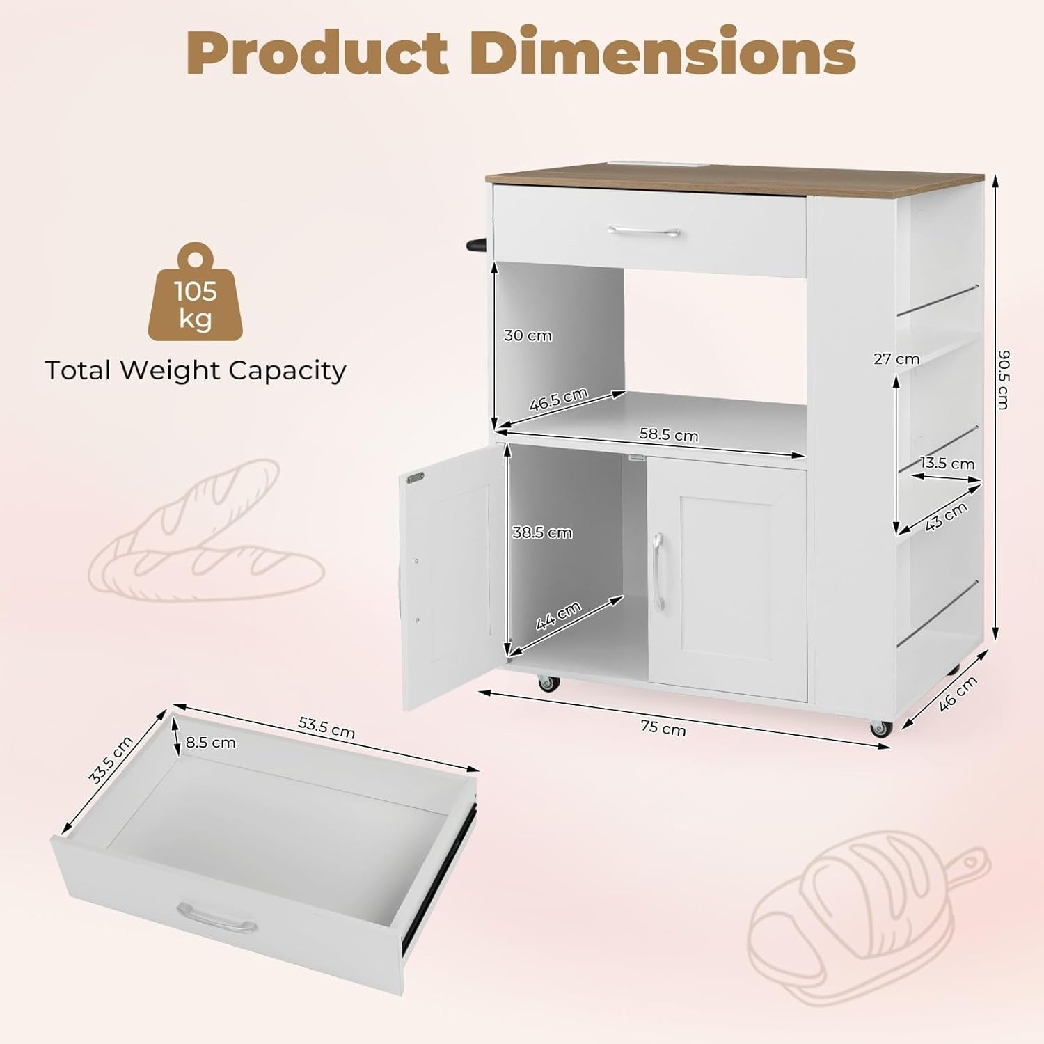 Kitchen Island Trolley with Power Outlet Cabinet White