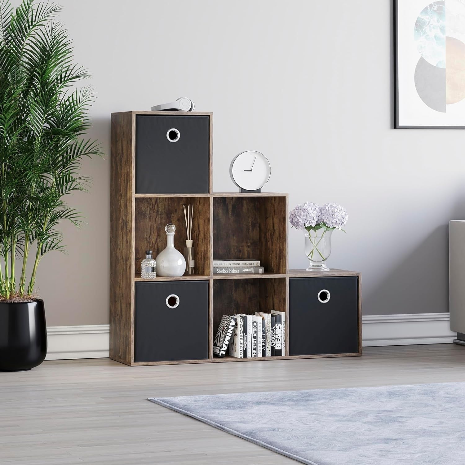 6 Cube Dark Wood Staircase Storage Shelf with 3 Black Baskets – Sturdy Organiser
