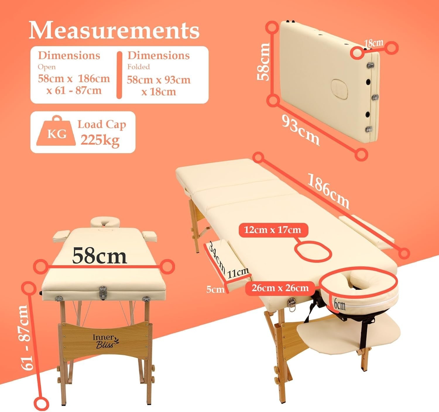 Portable Massage Table 3-Section Folding Therapy Bed w/ Backrest Cradle Ivory