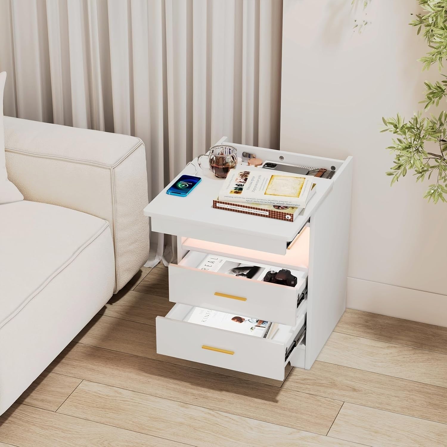 White LED Bedside Table with USB Charging Ports, Lockable Drawers & RGB Lights