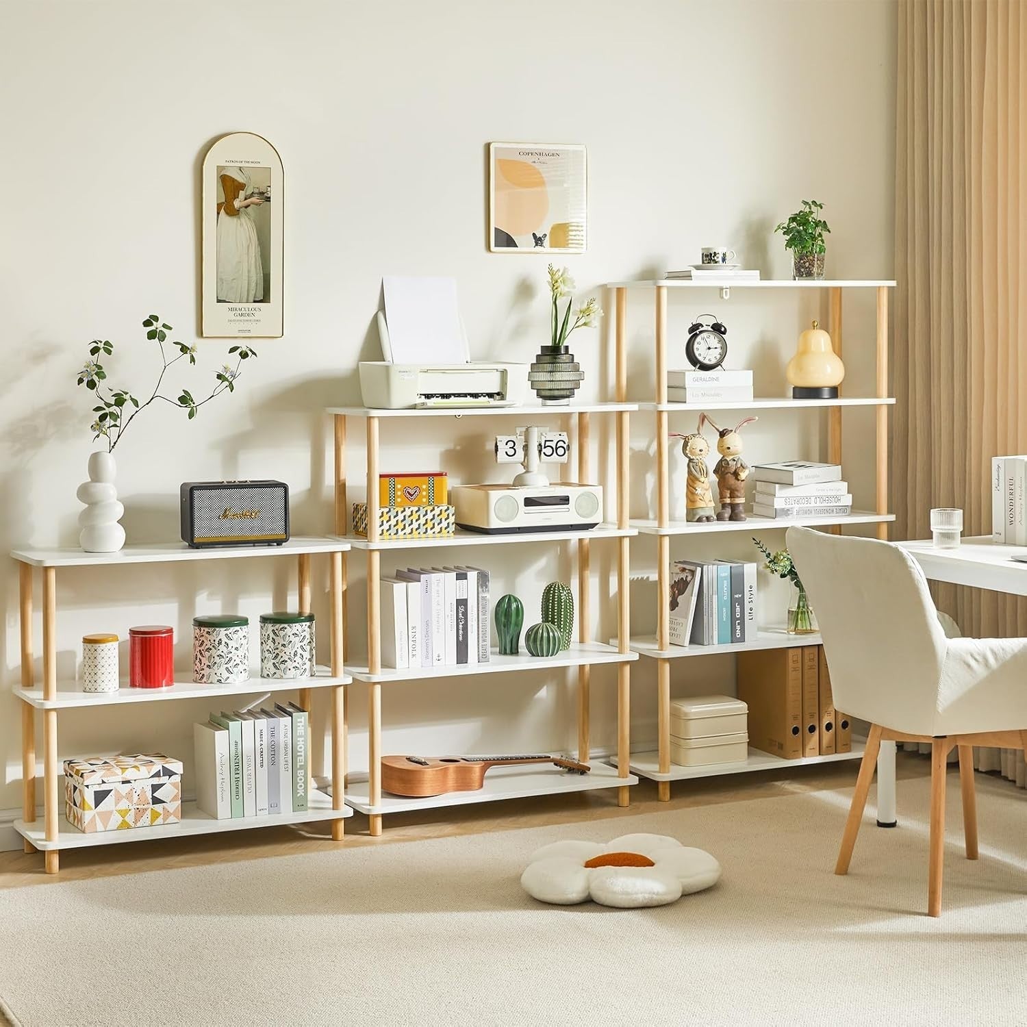 3 Tier Wooden Bookcase White Beech Legs Freestanding Storage Shelf 74cm