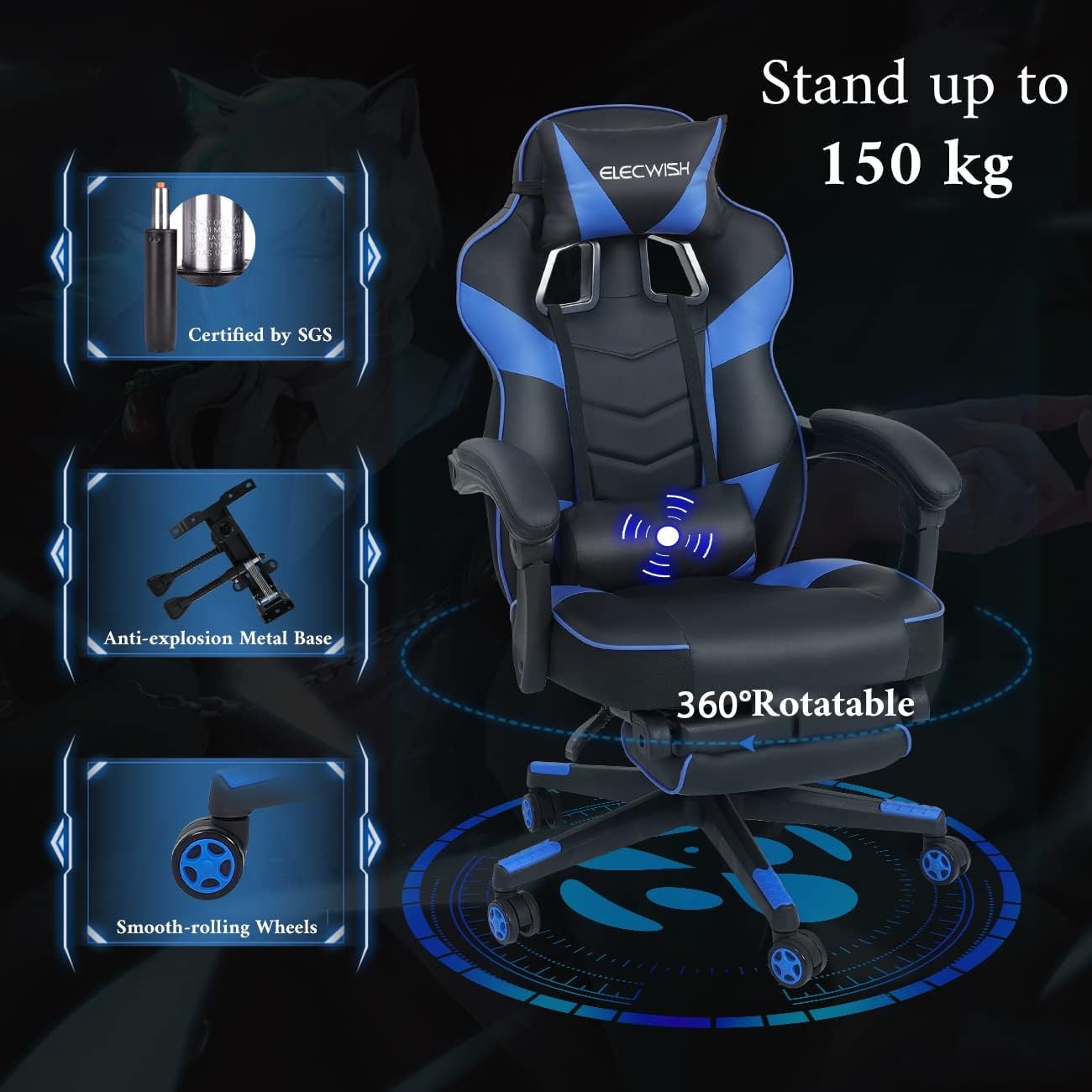 Ergonomic Gaming Chair with Footrest Massage 150° Recline Blue
