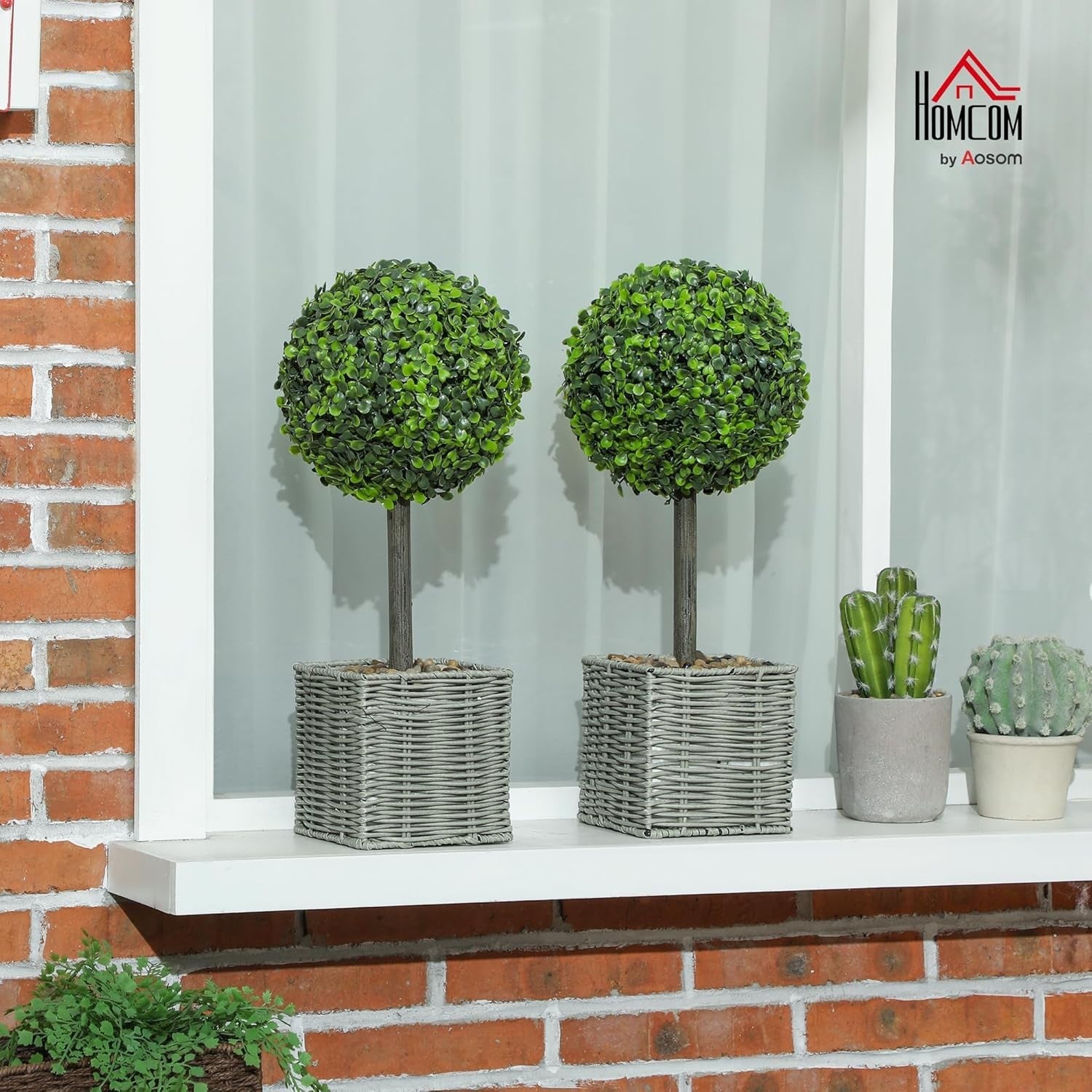 2pcs 50cm Artificial Boxwood Topiary Balls with Woven Pots Indoor Outdoor Decor