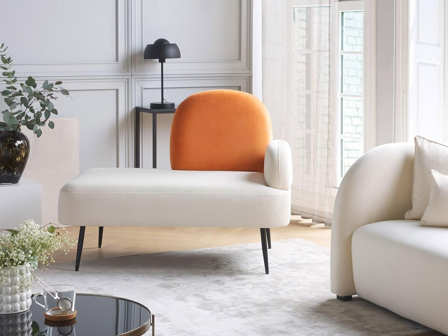 Velvet Chaise Lounge Orange & White | Minimalist Design, No Assembly, Modern