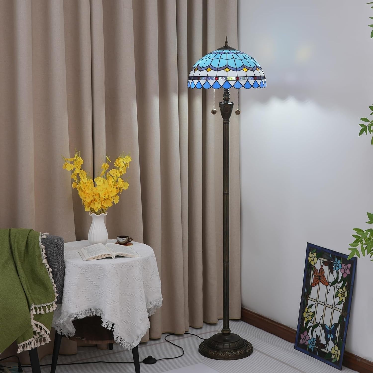 Blue Tiffany Floor Lamp with Stained Glass Shade & Foot Switch