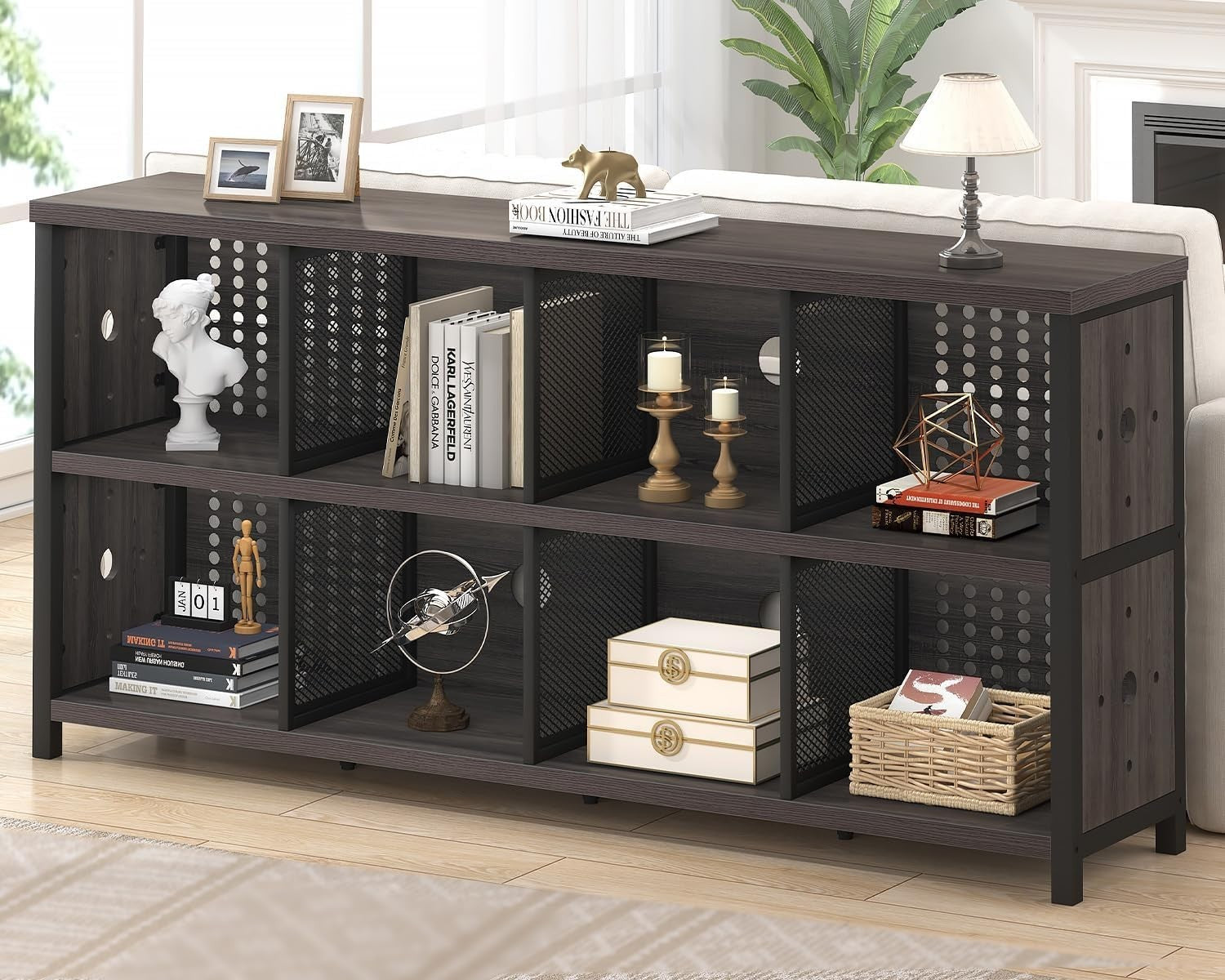 Grey Oak 8 Cube Wooden Bookcase Storage Cabinet Industrial Style 160x34x76cm