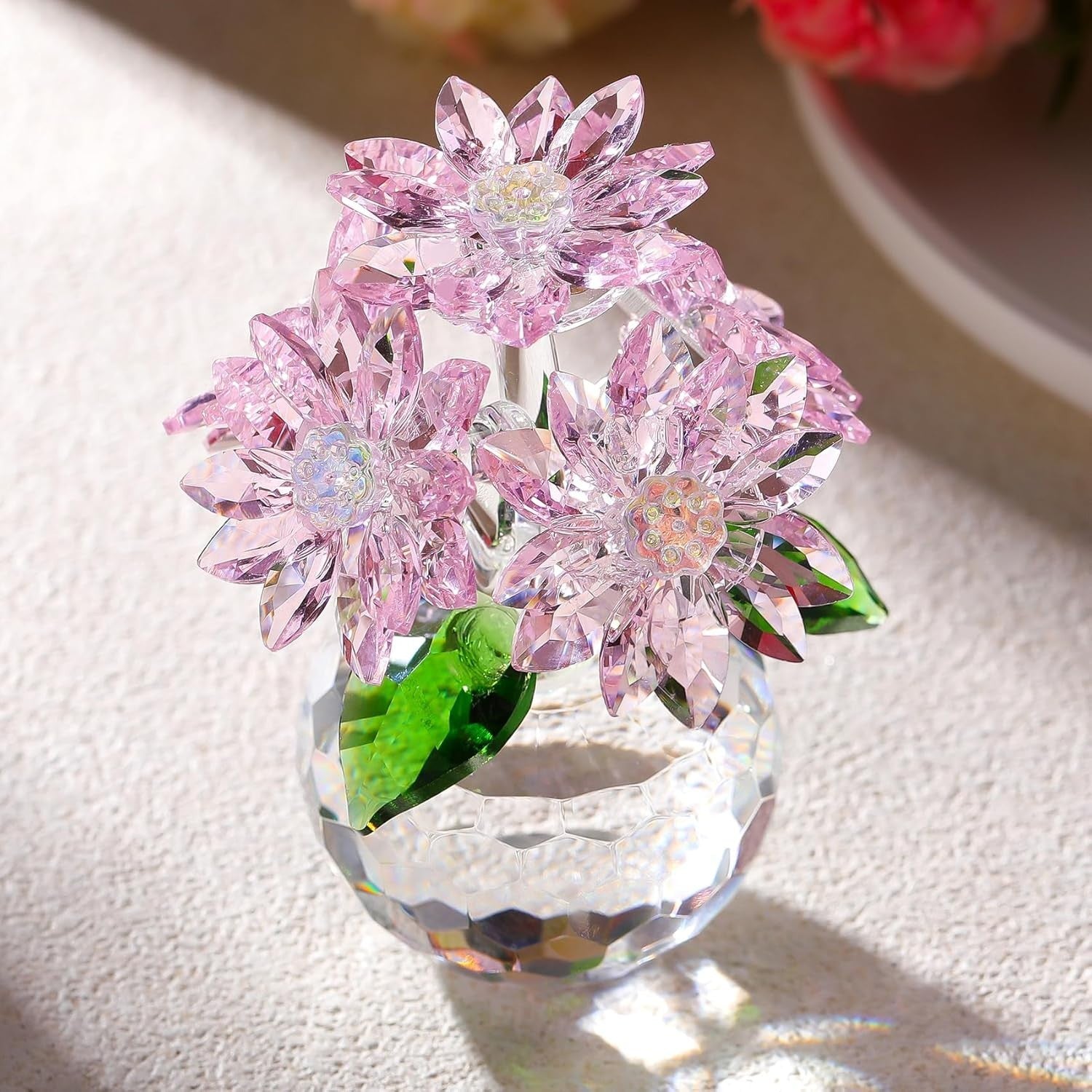 Pink Crystal Daisy Bouquet Ornament Collectible Flower Gift 10cm Paperweight