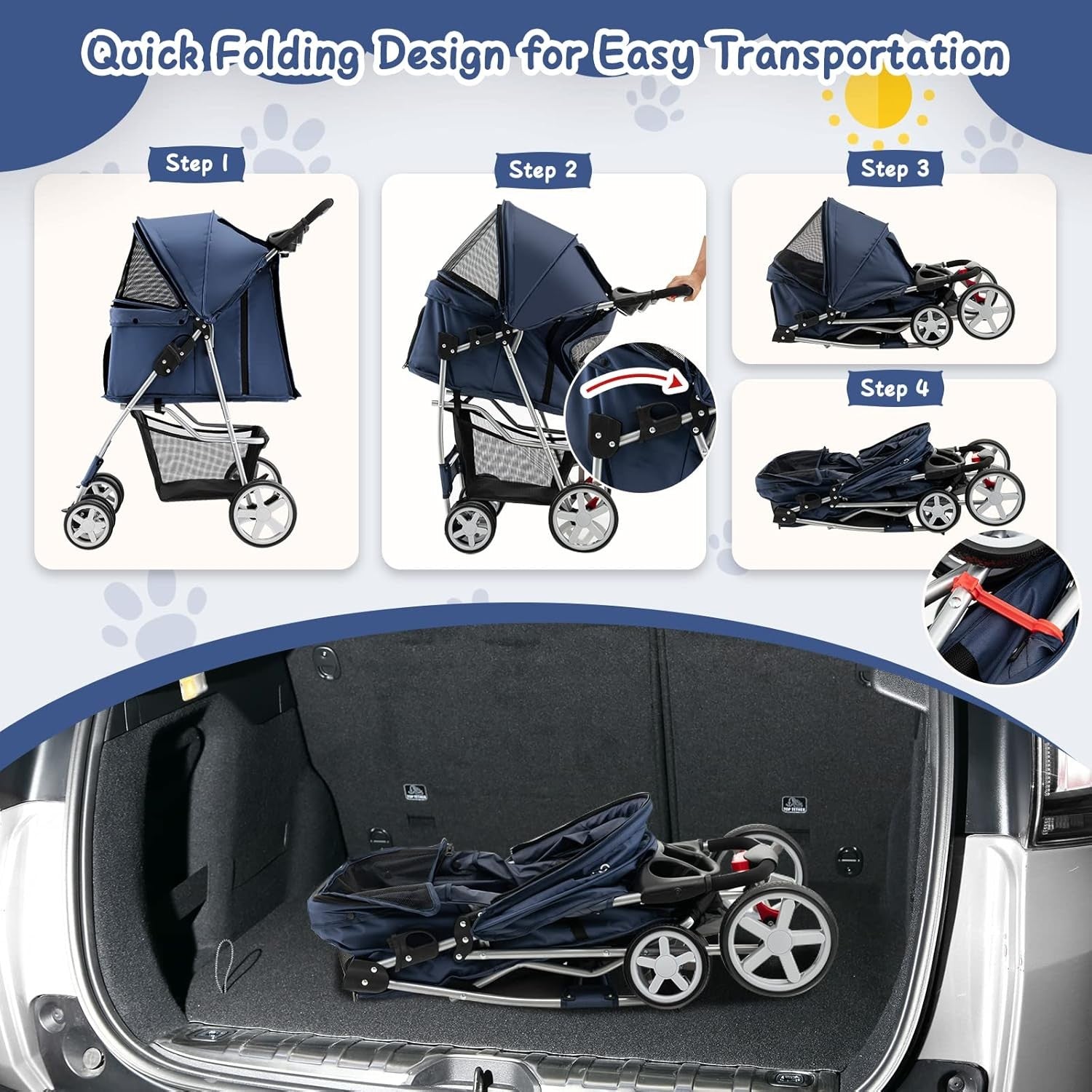 Blue Folding Pet Stroller 4 Wheel Dog Cat Pushchair Safety Belt Cup Holder