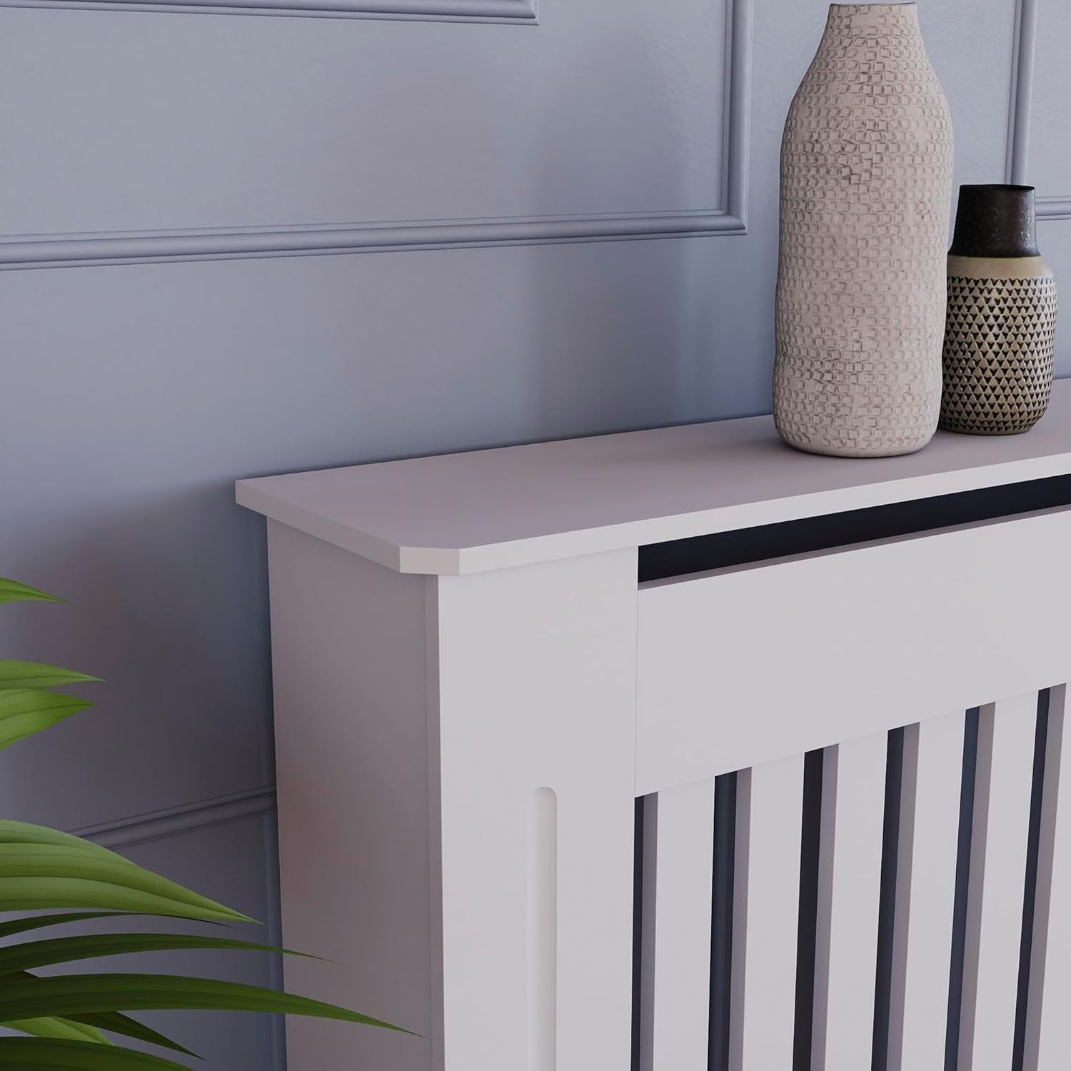 Large White Radiator Cover Cabinet | Modern MDF Slatted Heater Cover with Shelf